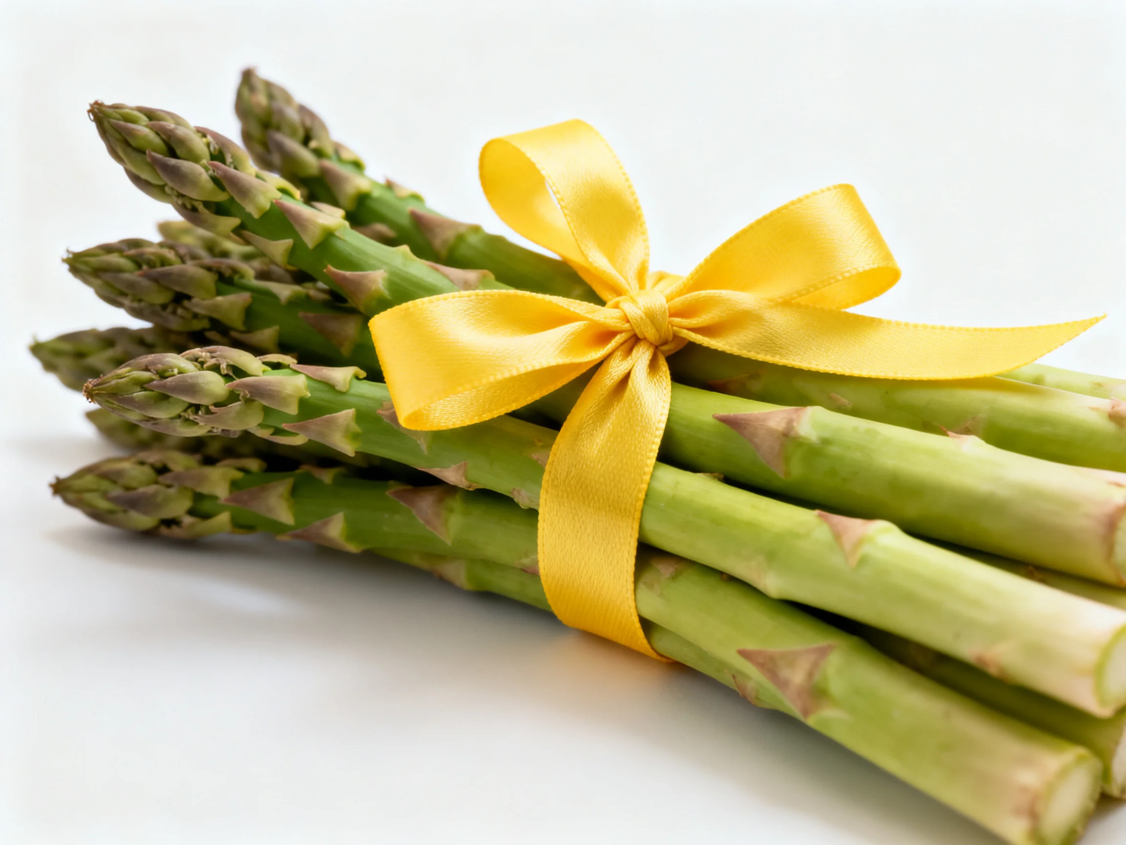 Fresh green asparagus bundle tied with bright yellow satin ribbon