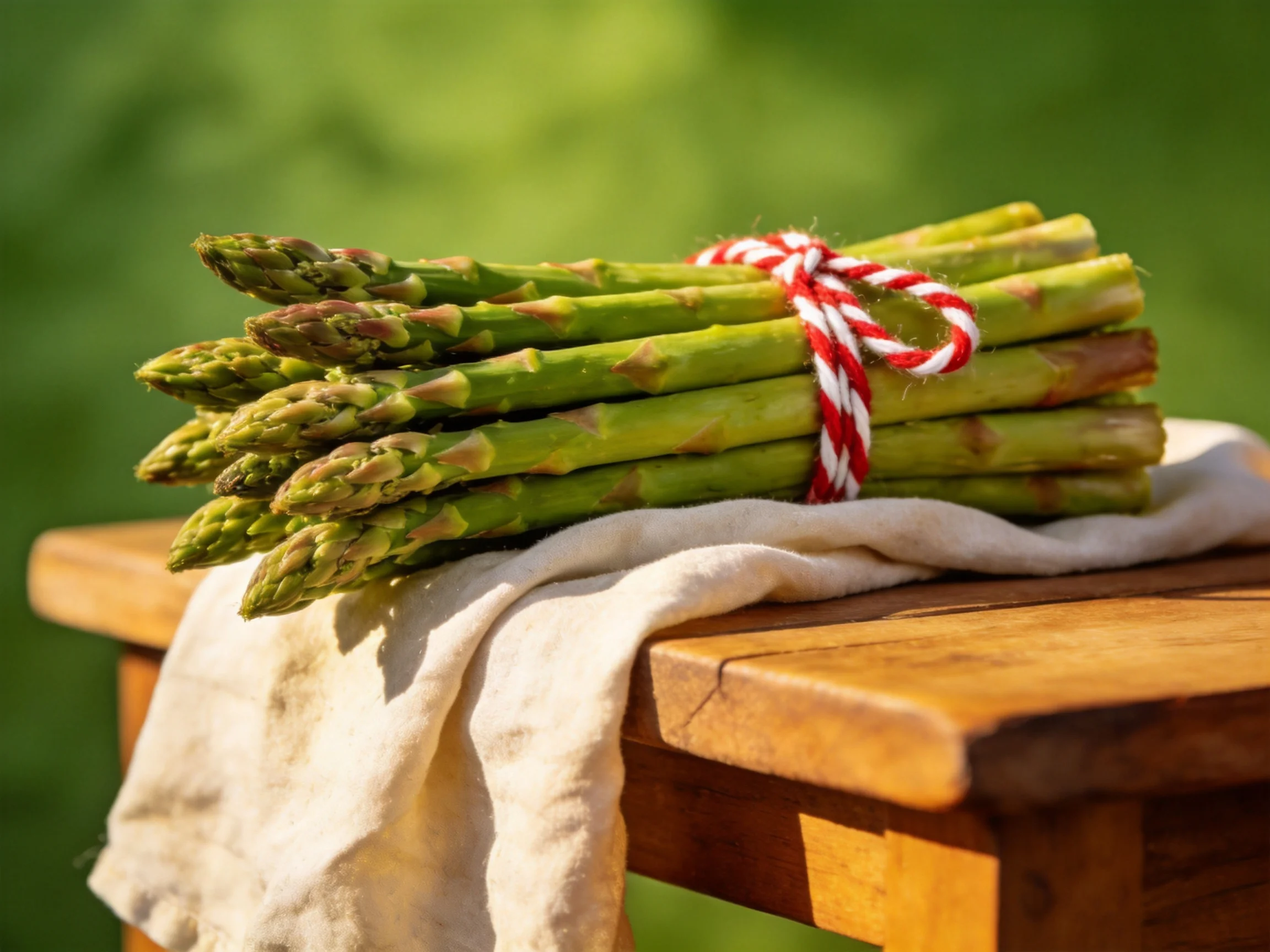 Fresh green asparagus bundle tied with red and white string on wooden surface