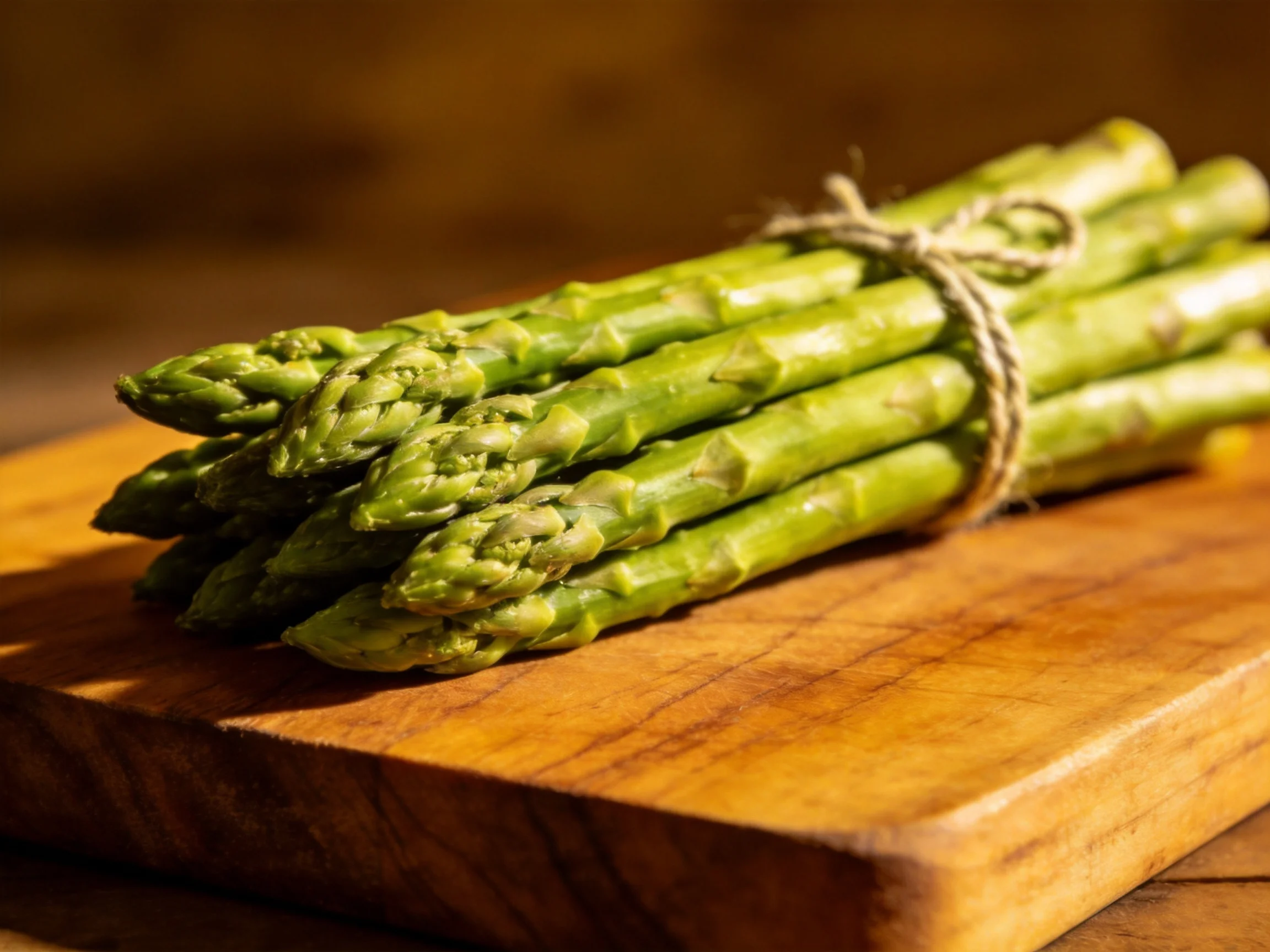 Fresh green asparagus bundle tied with twine on a wooden cutting board