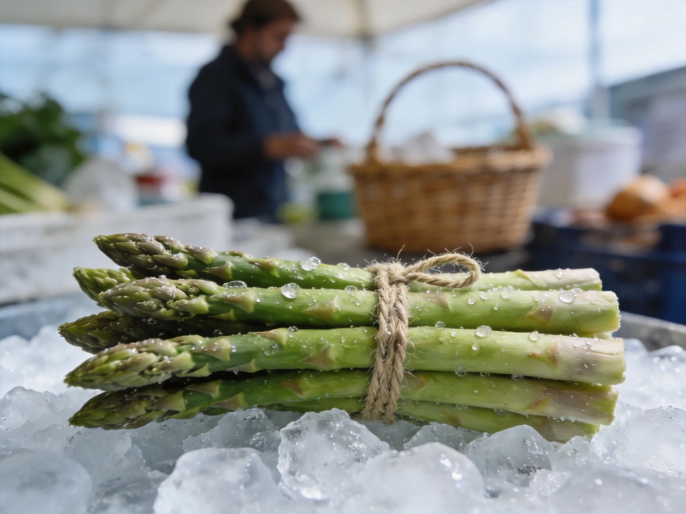 Fresh green asparagus bundle tied with twine on crushed ice at outdoor market