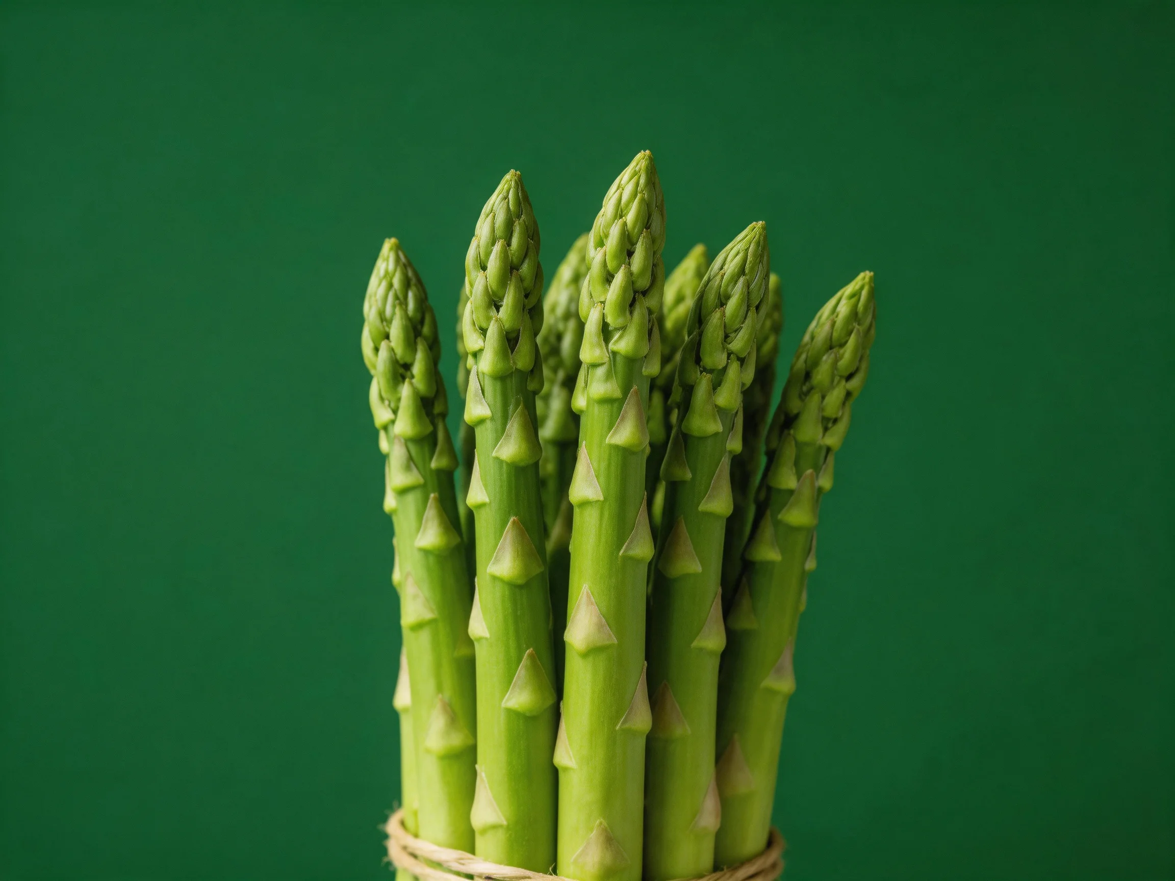 Fresh green asparagus bundle tied with twine on green backdrop