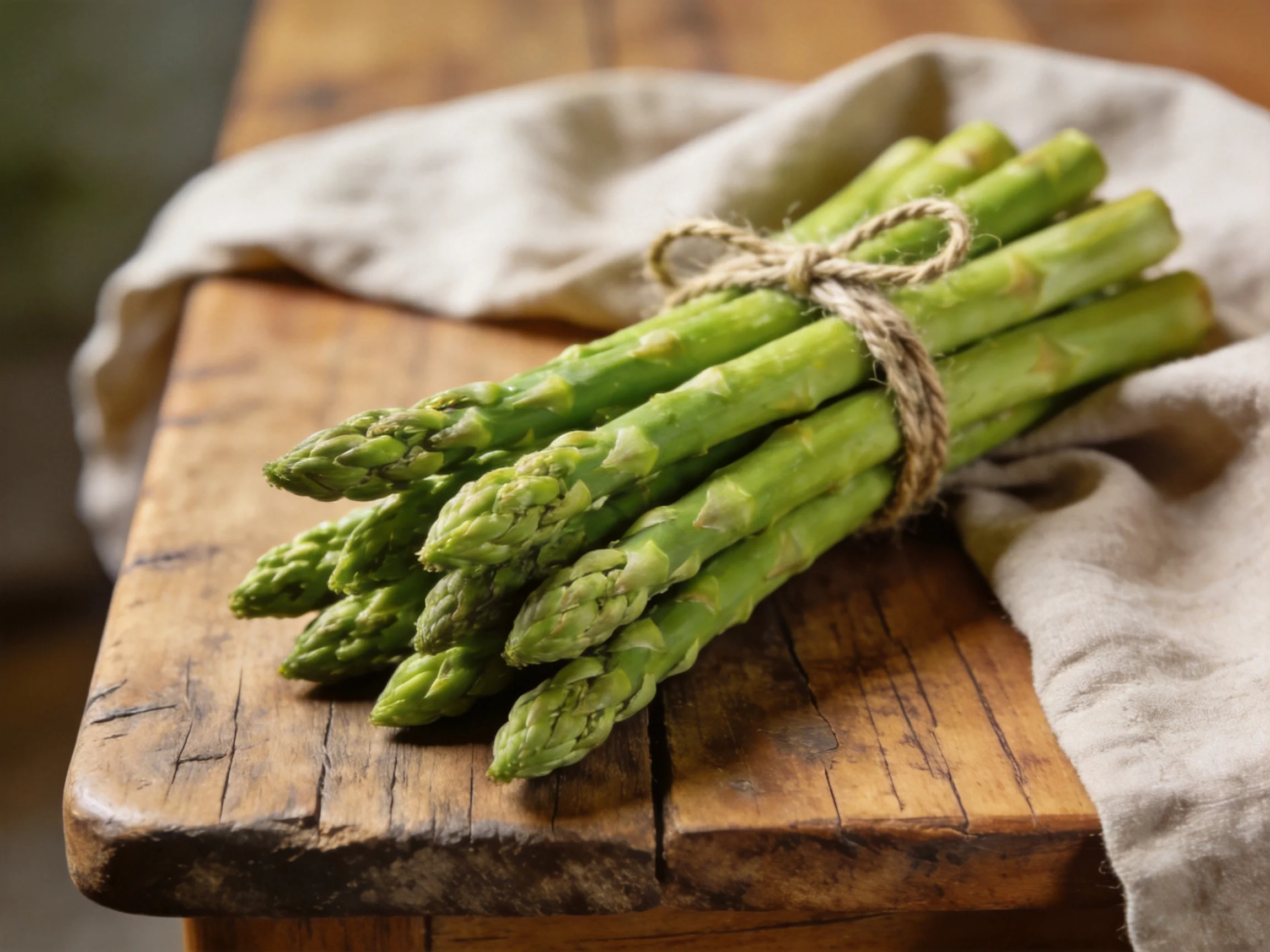 Fresh green asparagus bundle tied with twine on rustic wooden board