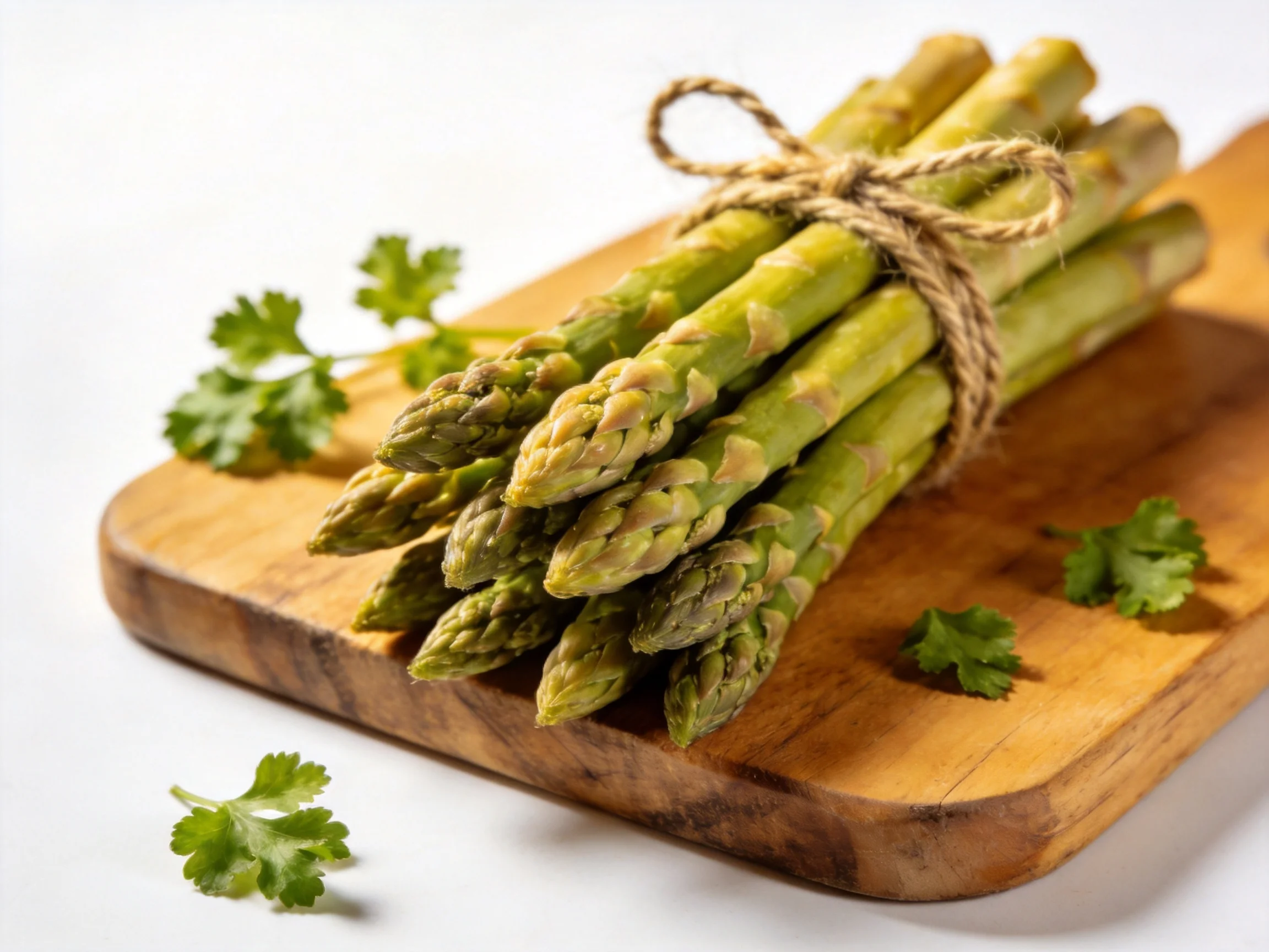 Fresh green asparagus bundle tied with twine on wooden cutting board