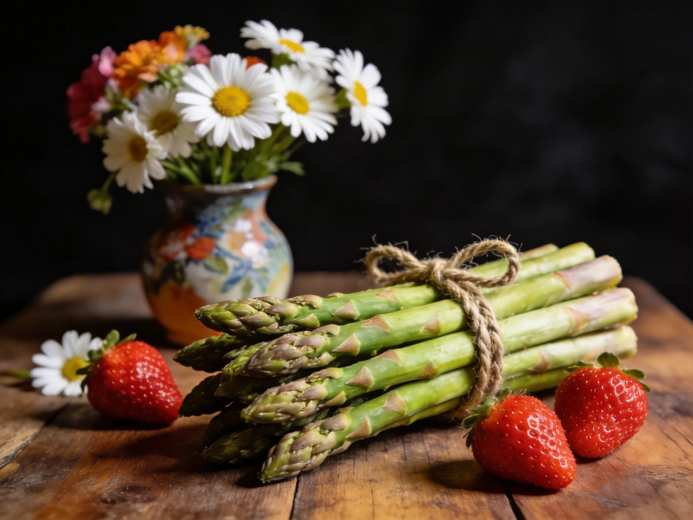 Fresh green asparagus bundle, vibrant red strawberries, and mixed flowers in decorative vase on woode