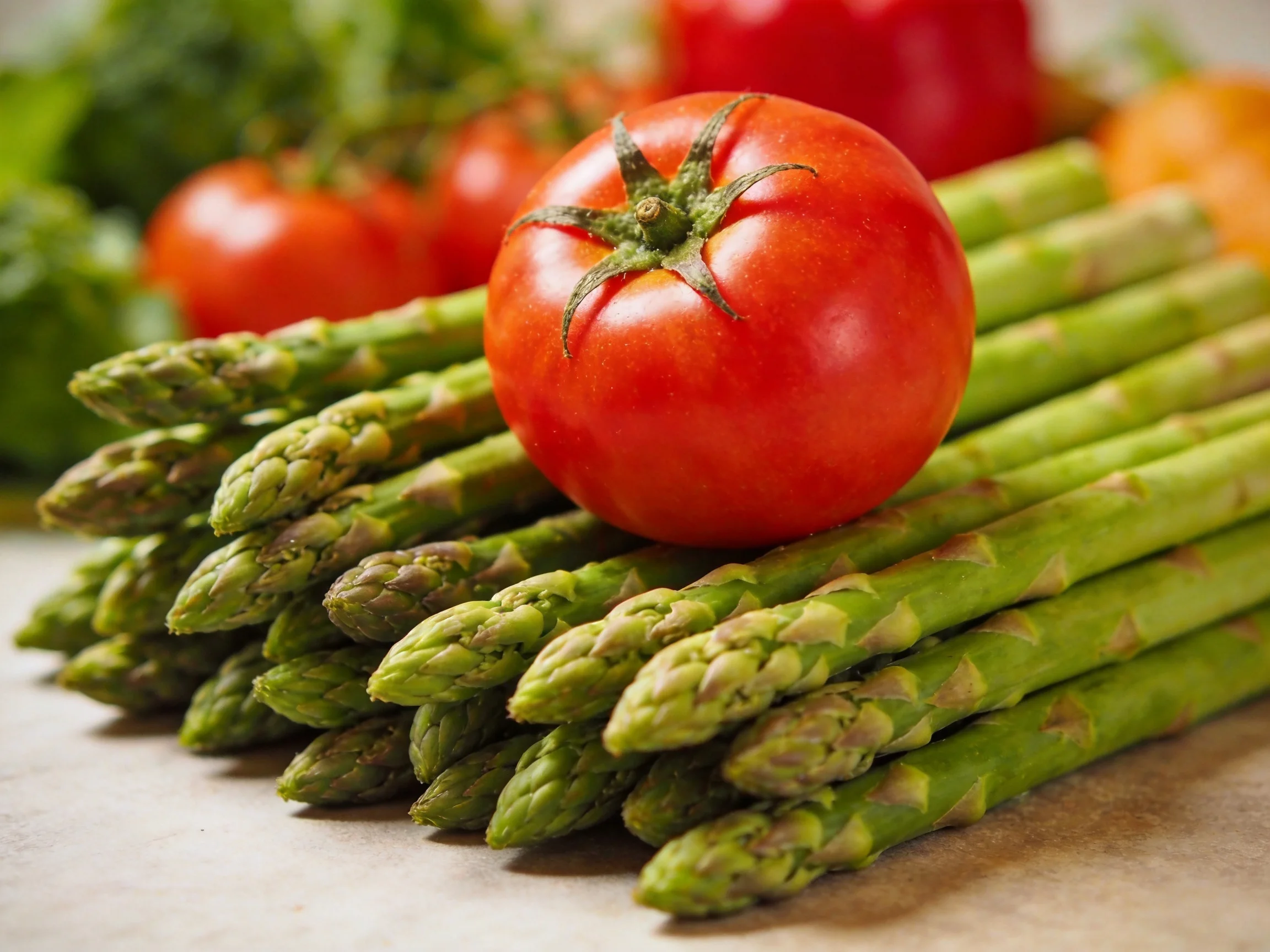 Fresh green asparagus bundle with vibrant red tomatoes
