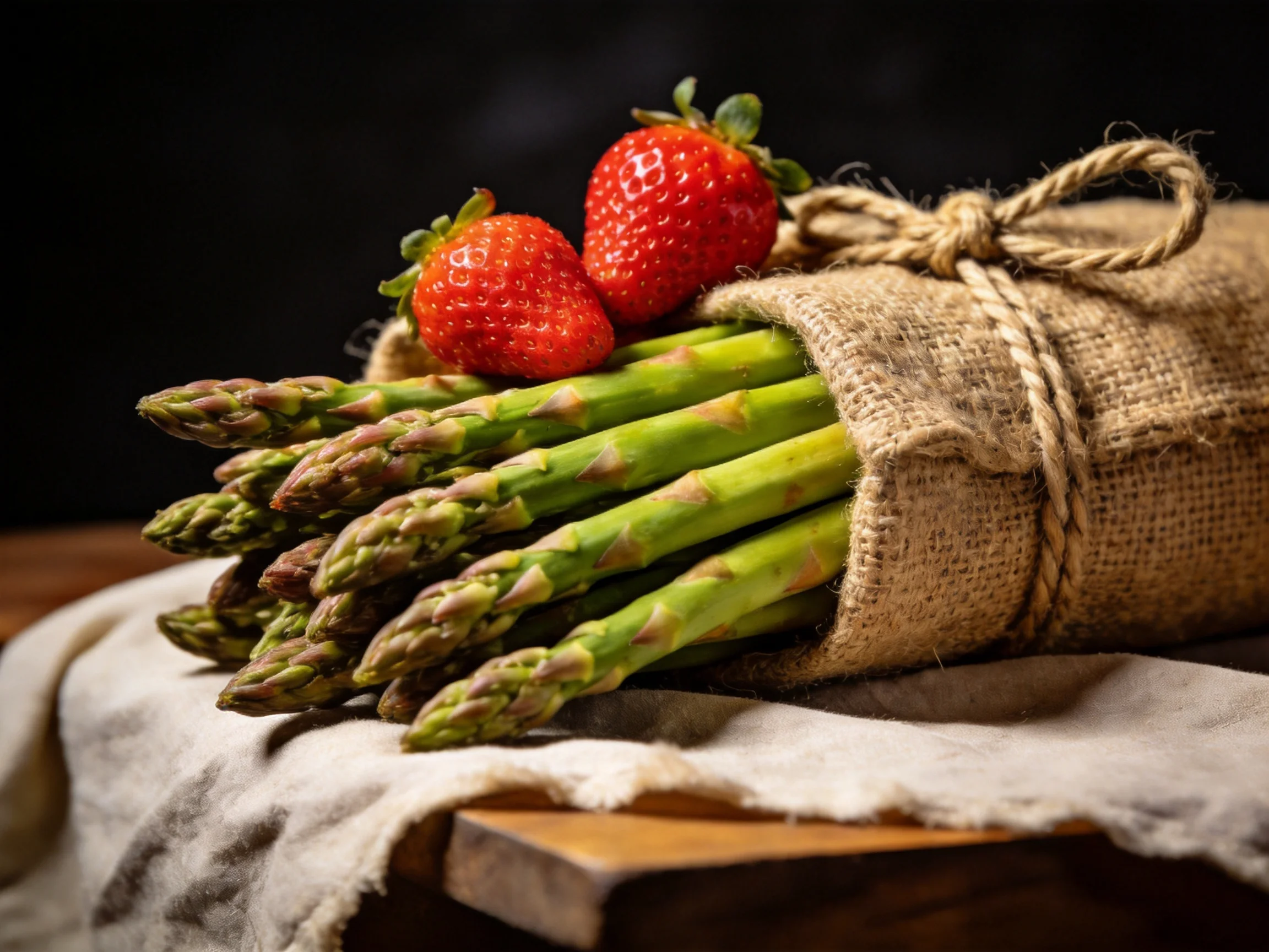 Fresh green asparagus bundle wrapped in burlap, topped with two strawberries