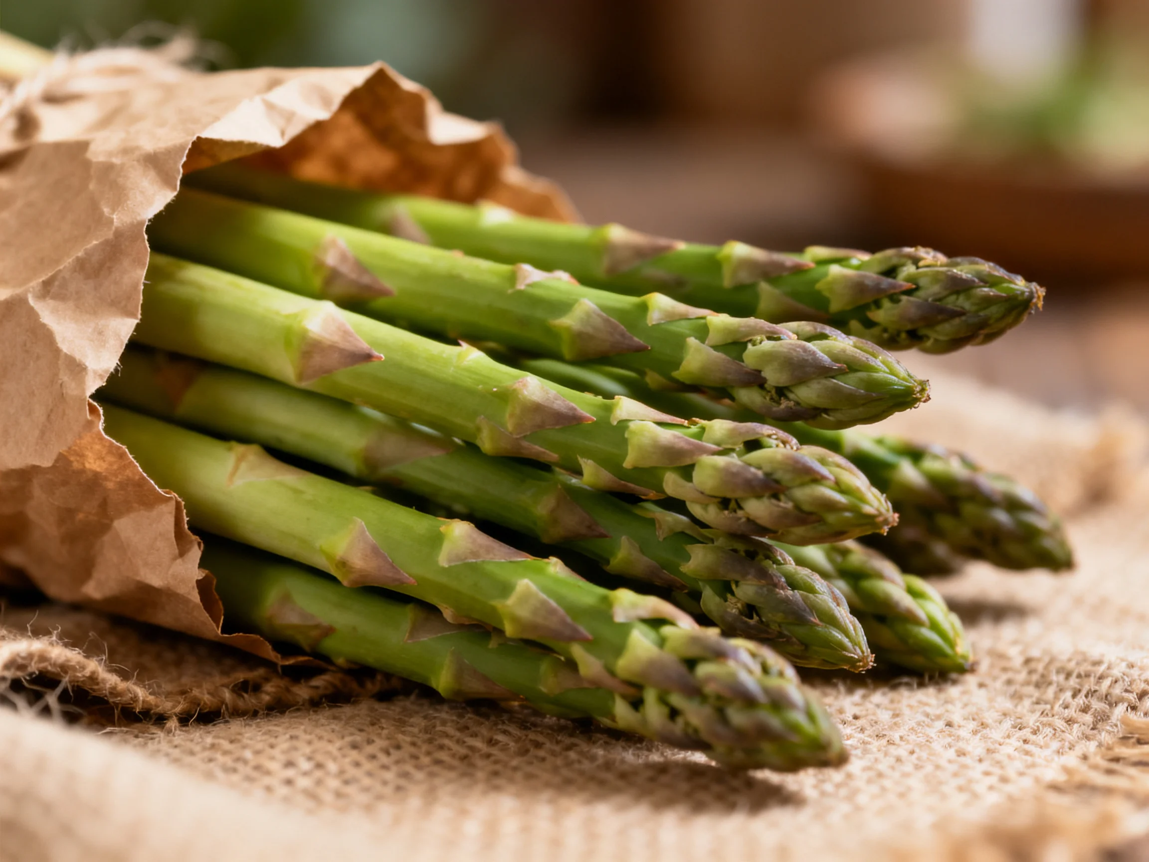 Fresh green asparagus bundled in brown paper on textured burlap