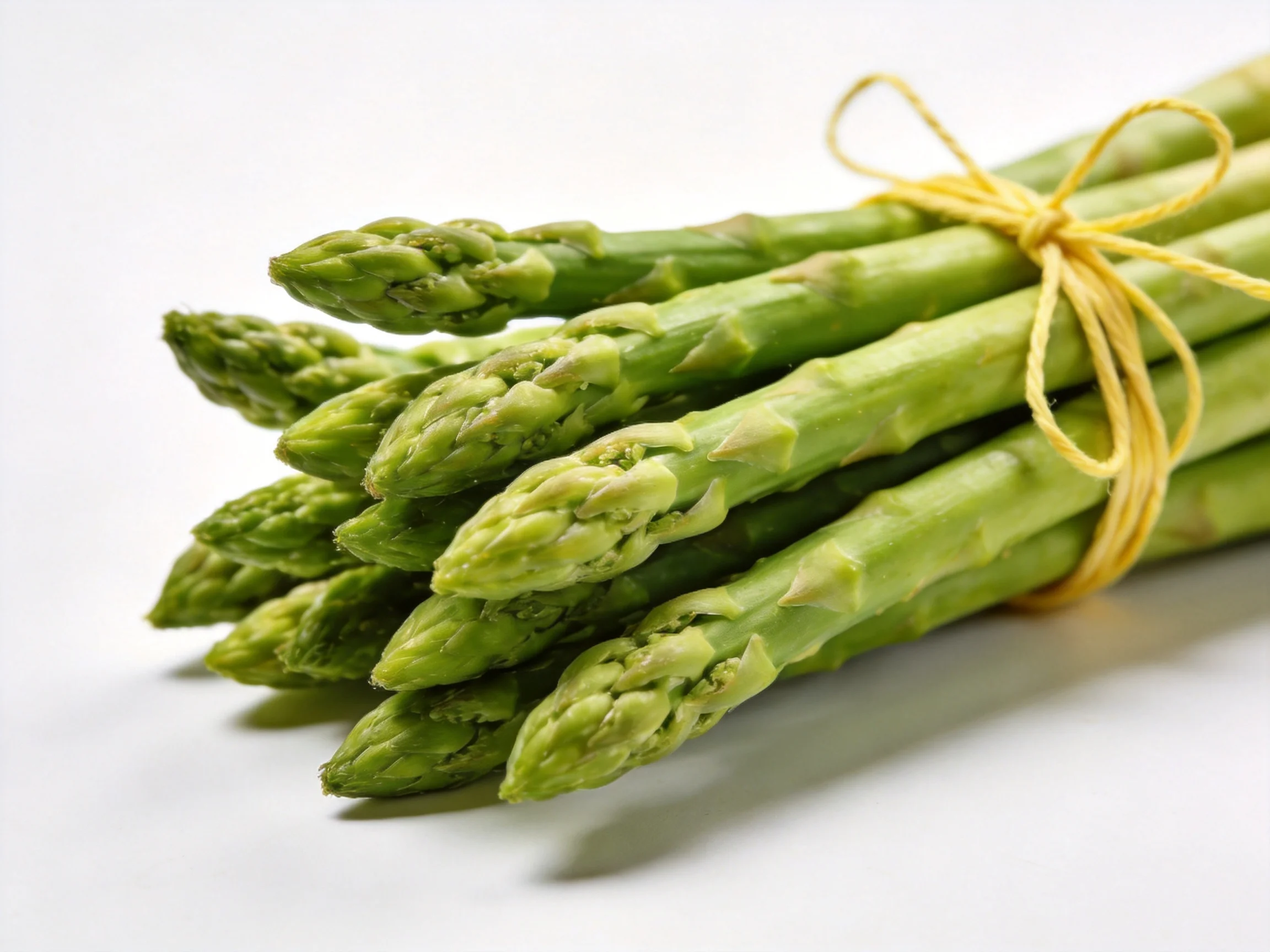 Fresh green asparagus bundled with yellow twine on a white surface