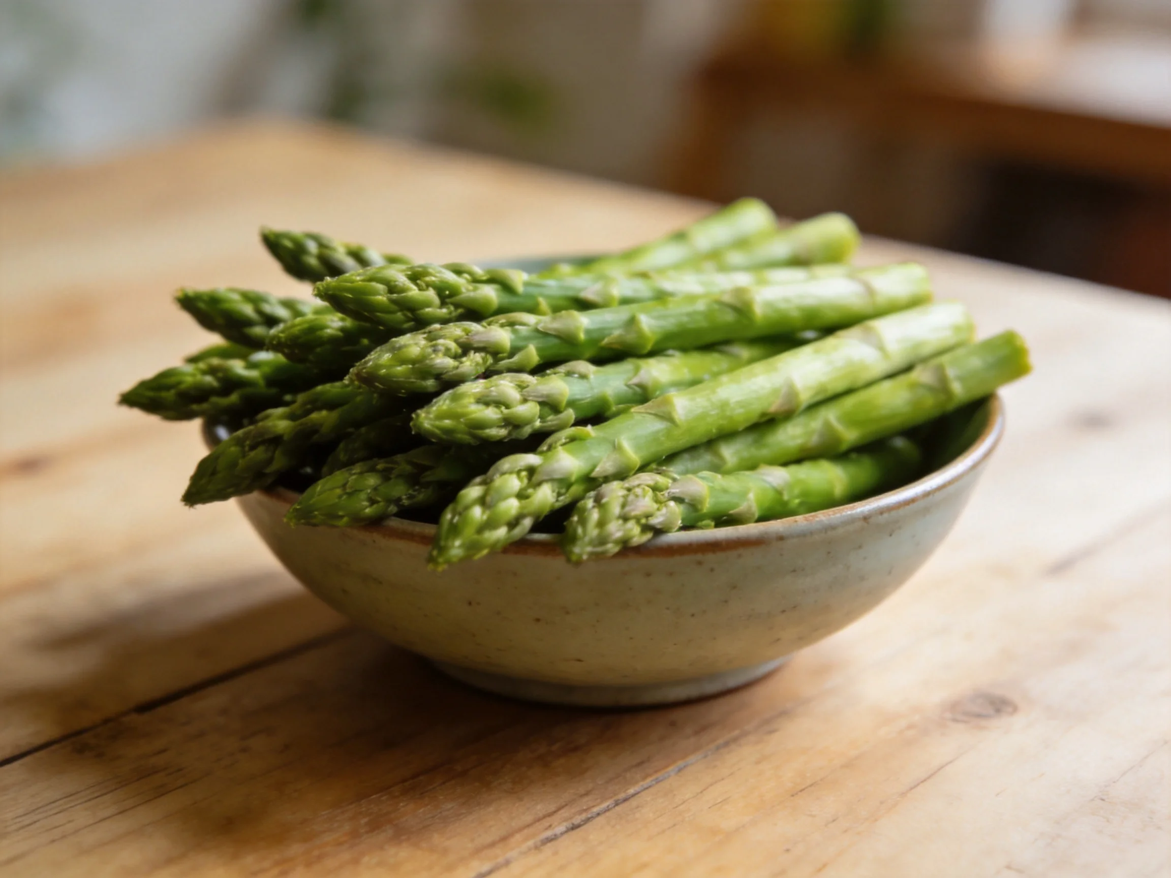 Fresh green asparagus in a ceramic bowl on a wooden table