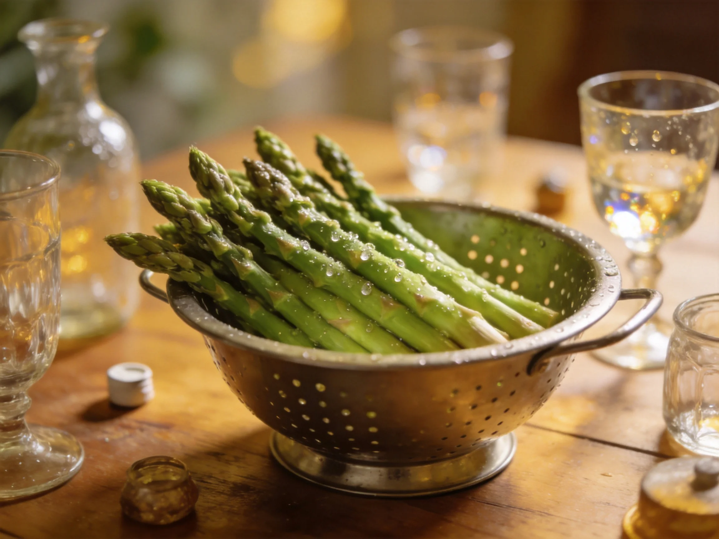 Fresh green asparagus in a metal colander on a wooden table with assorted glassware
