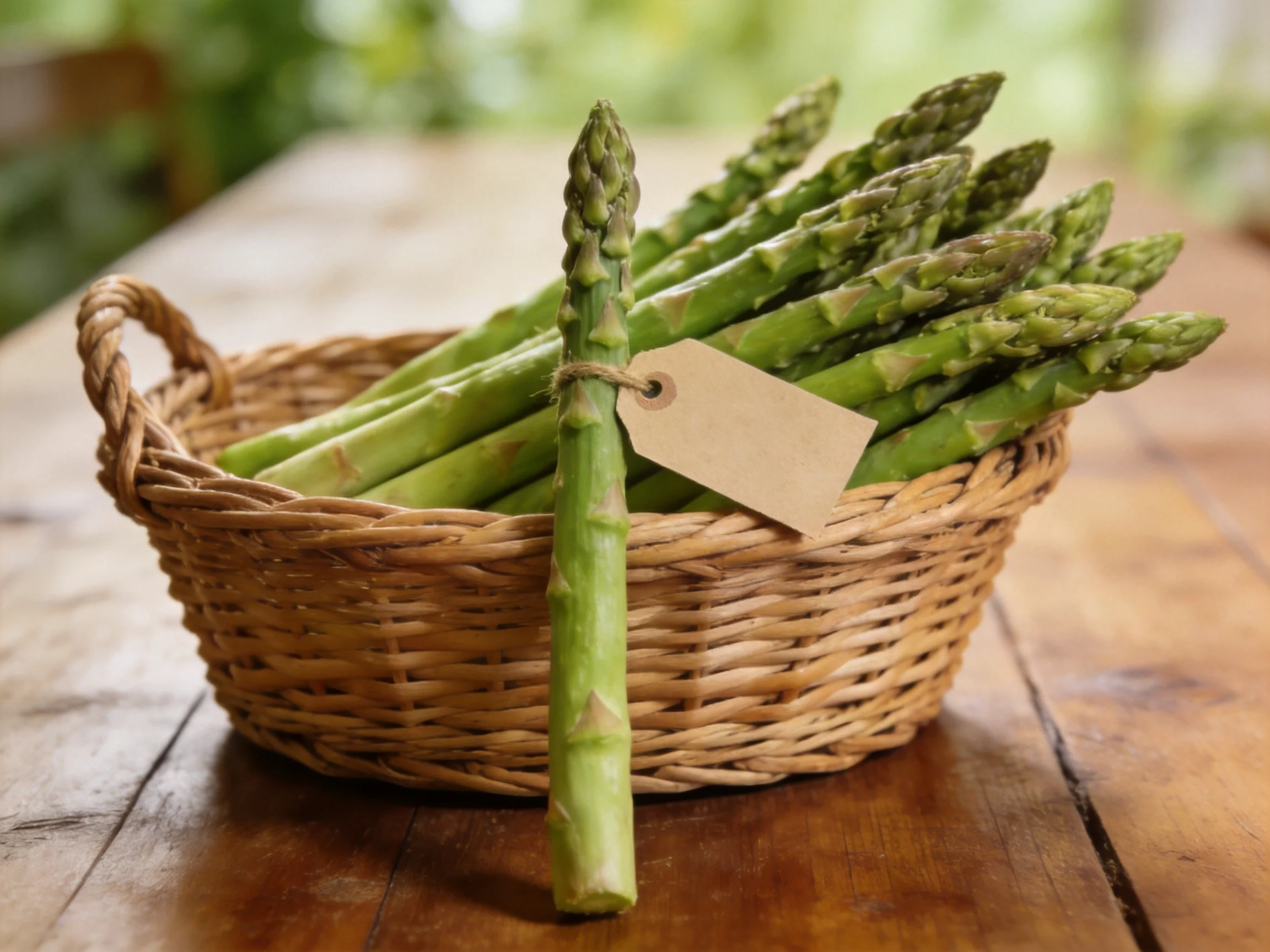 Fresh green asparagus in a woven basket with one spear standing upright
