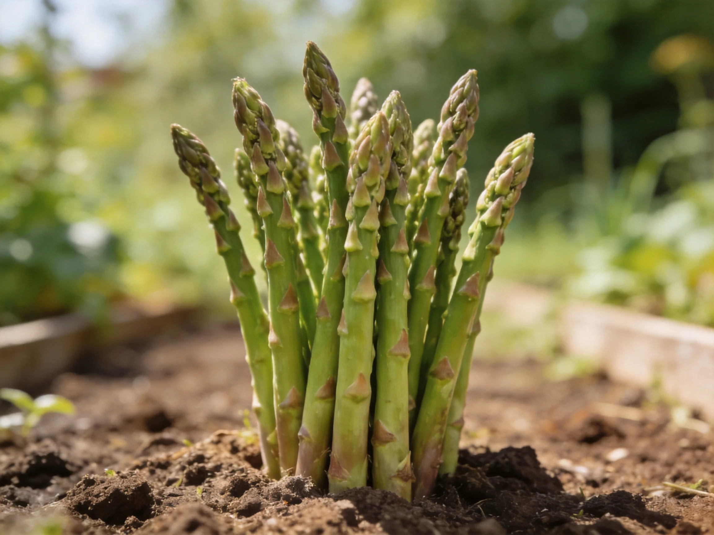 Fresh green asparagus shoots emerging from dark brown soil