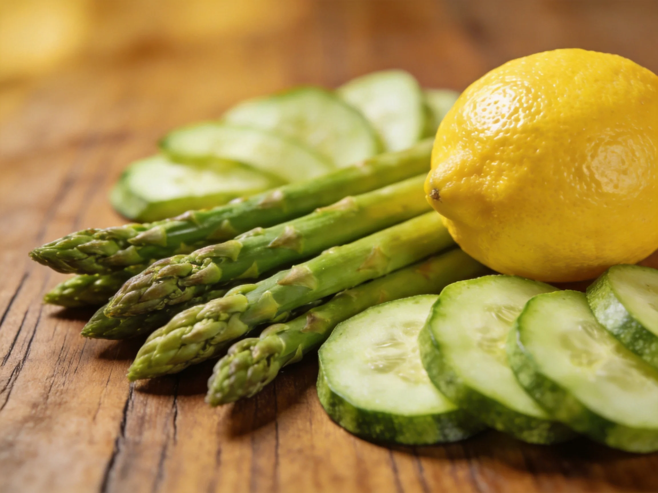 Fresh green asparagus, sliced cucumbers, and a whole yellow lemon on a wooden board