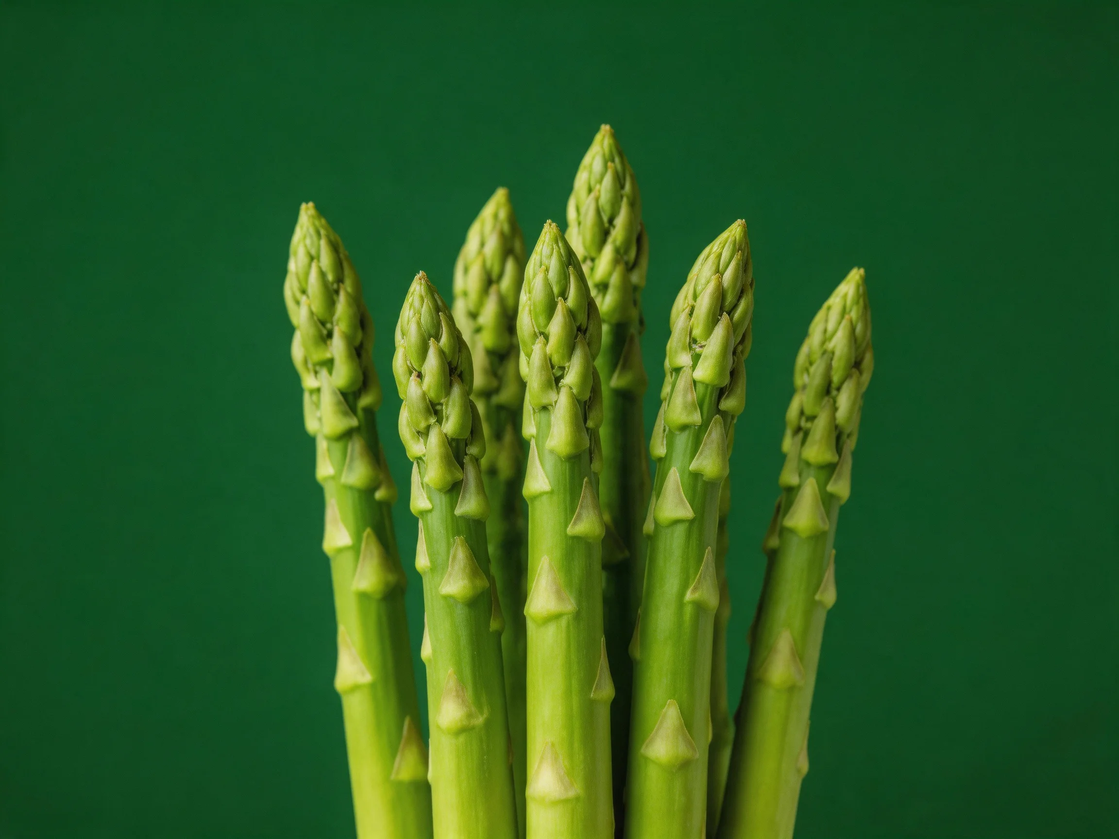 Fresh green asparagus spears arranged against a solid dark green backdrop