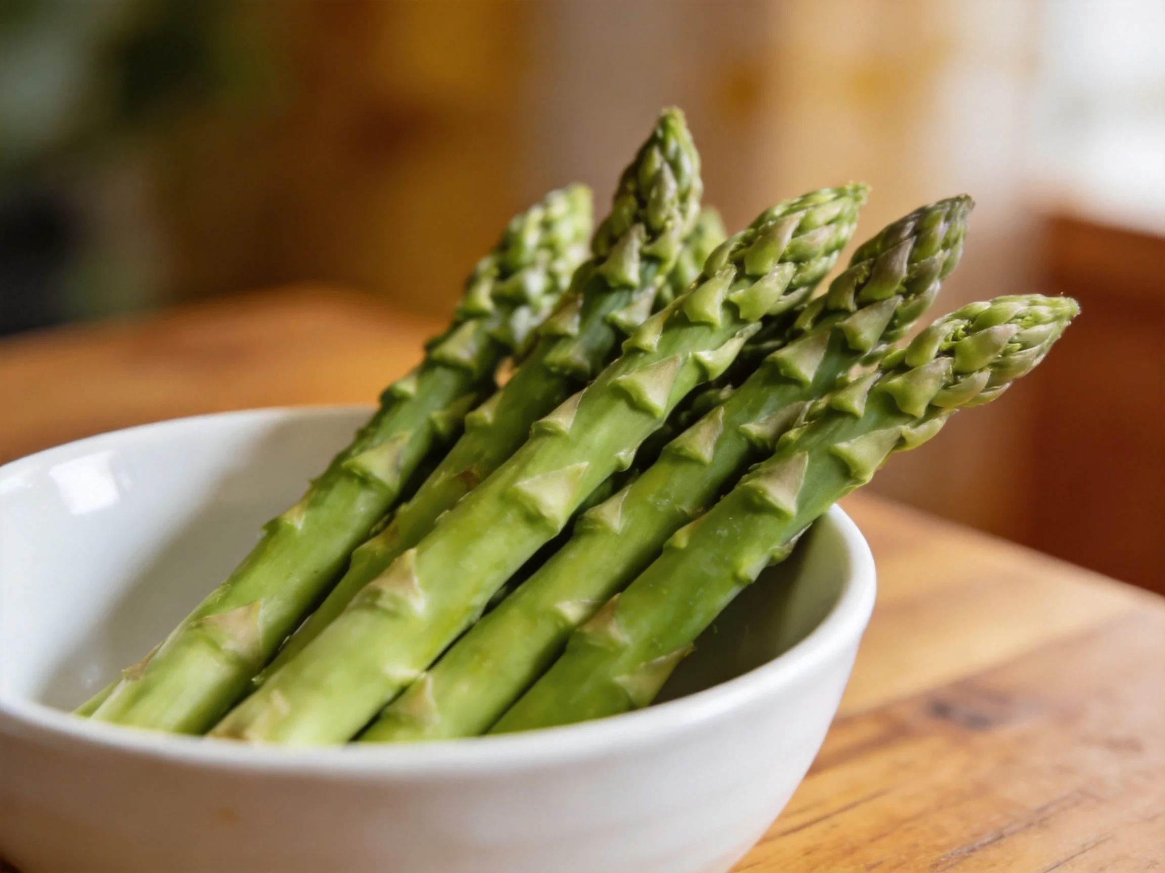 Fresh green asparagus spears arranged in a white ceramic bowl