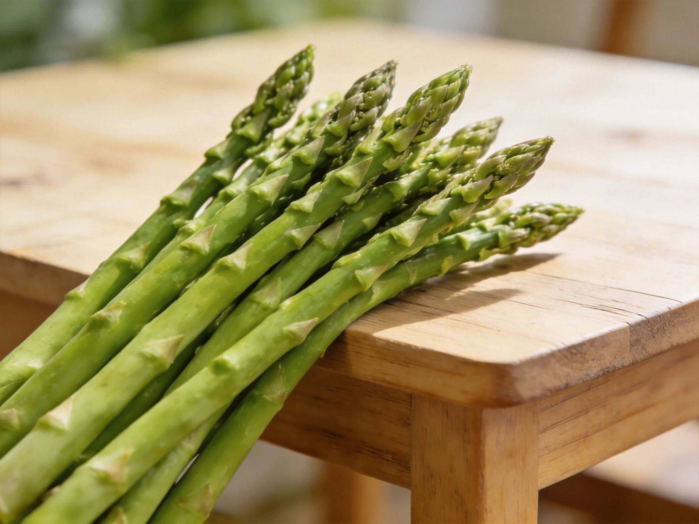 Fresh green asparagus spears arranged on a light brown wooden cutting board