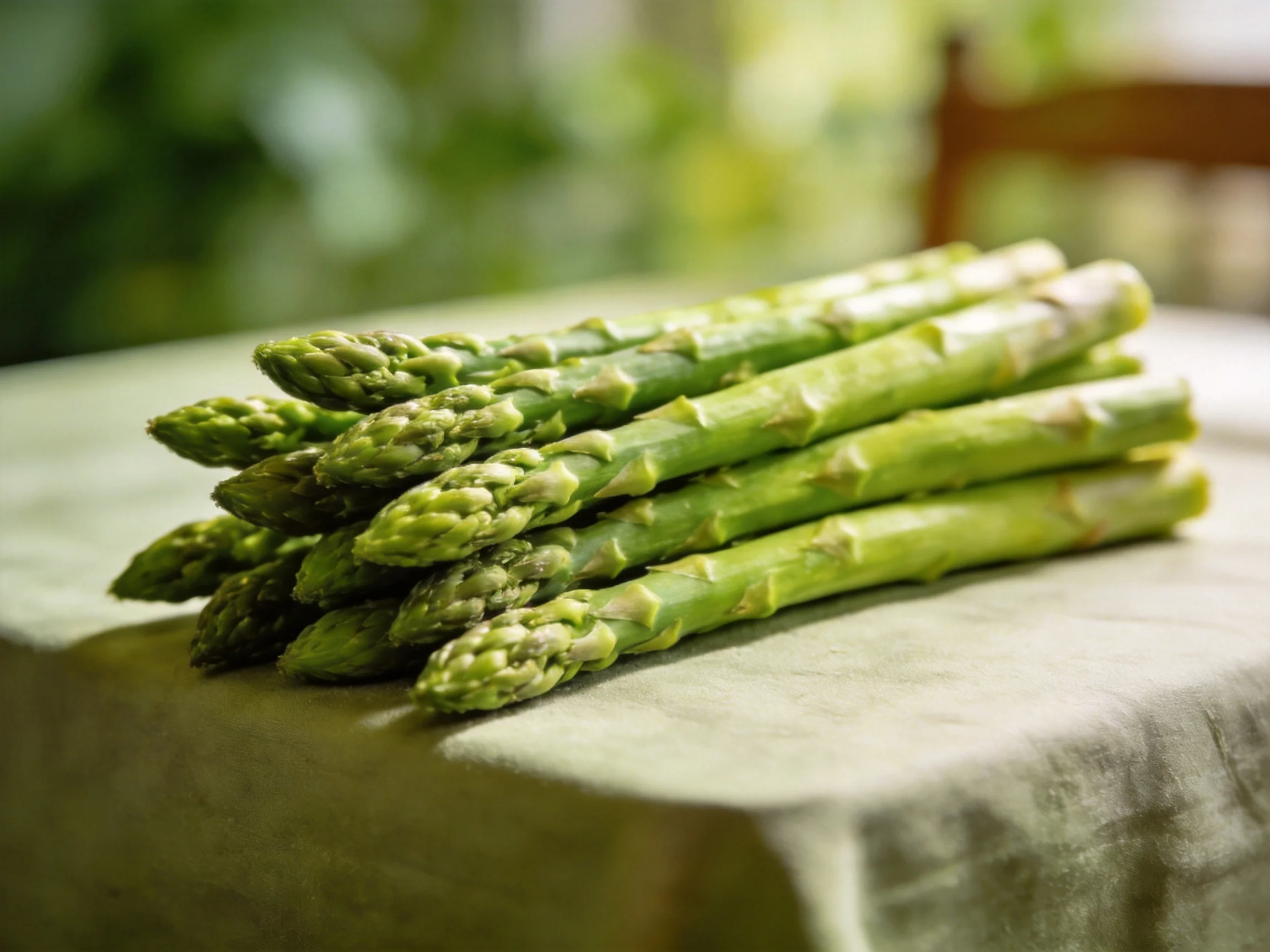 Fresh green asparagus spears arranged on a light-colored tablecloth