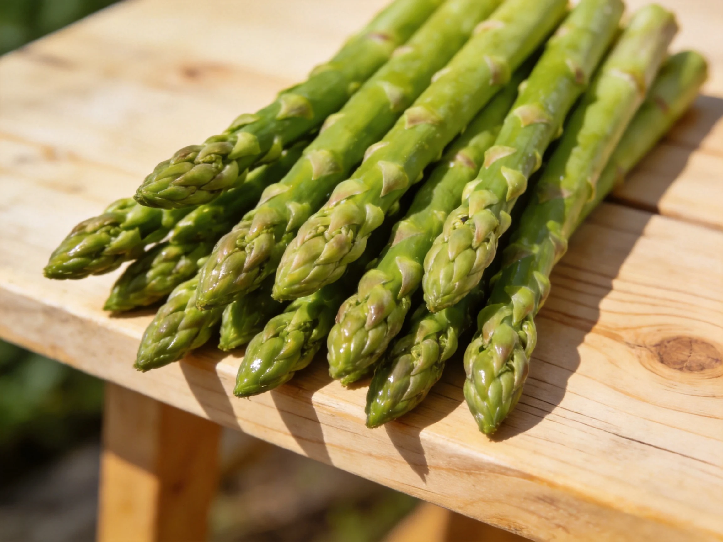 Fresh green asparagus spears arranged on a light wooden table
