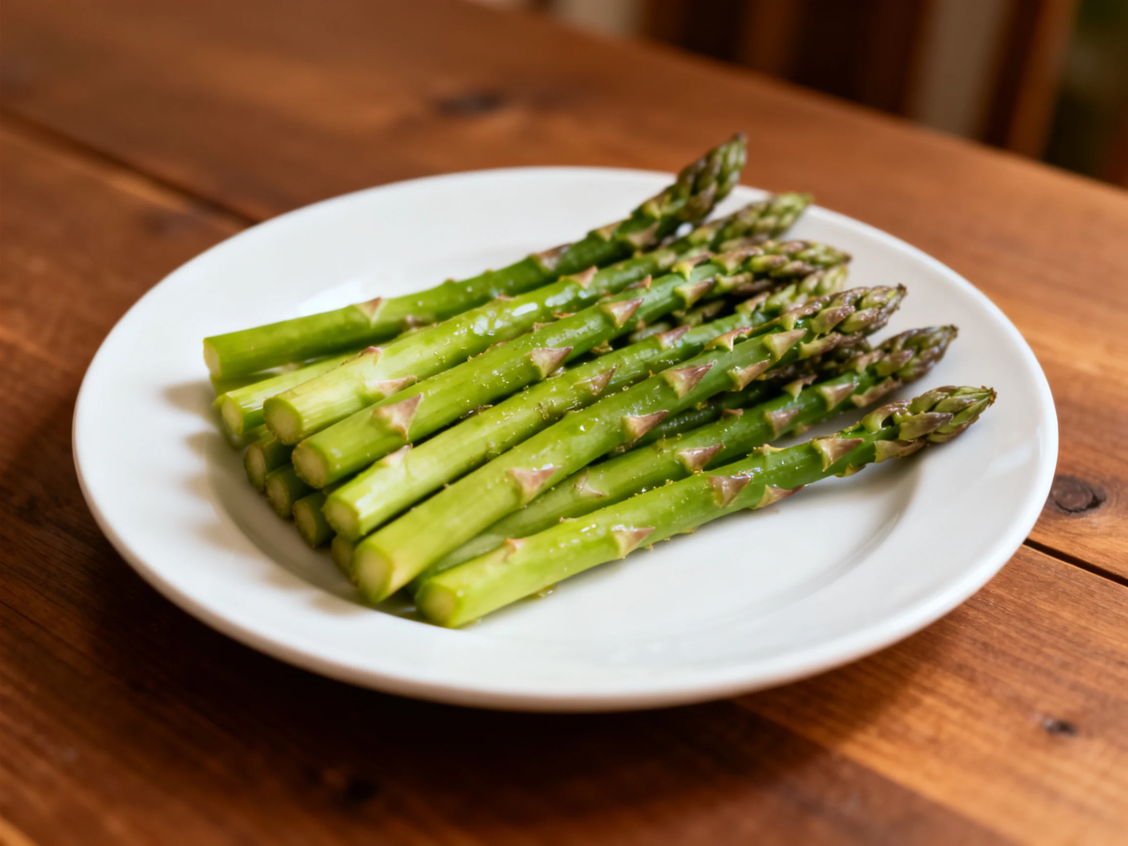 Fresh green asparagus spears arranged on a plain white plate on a wooden table