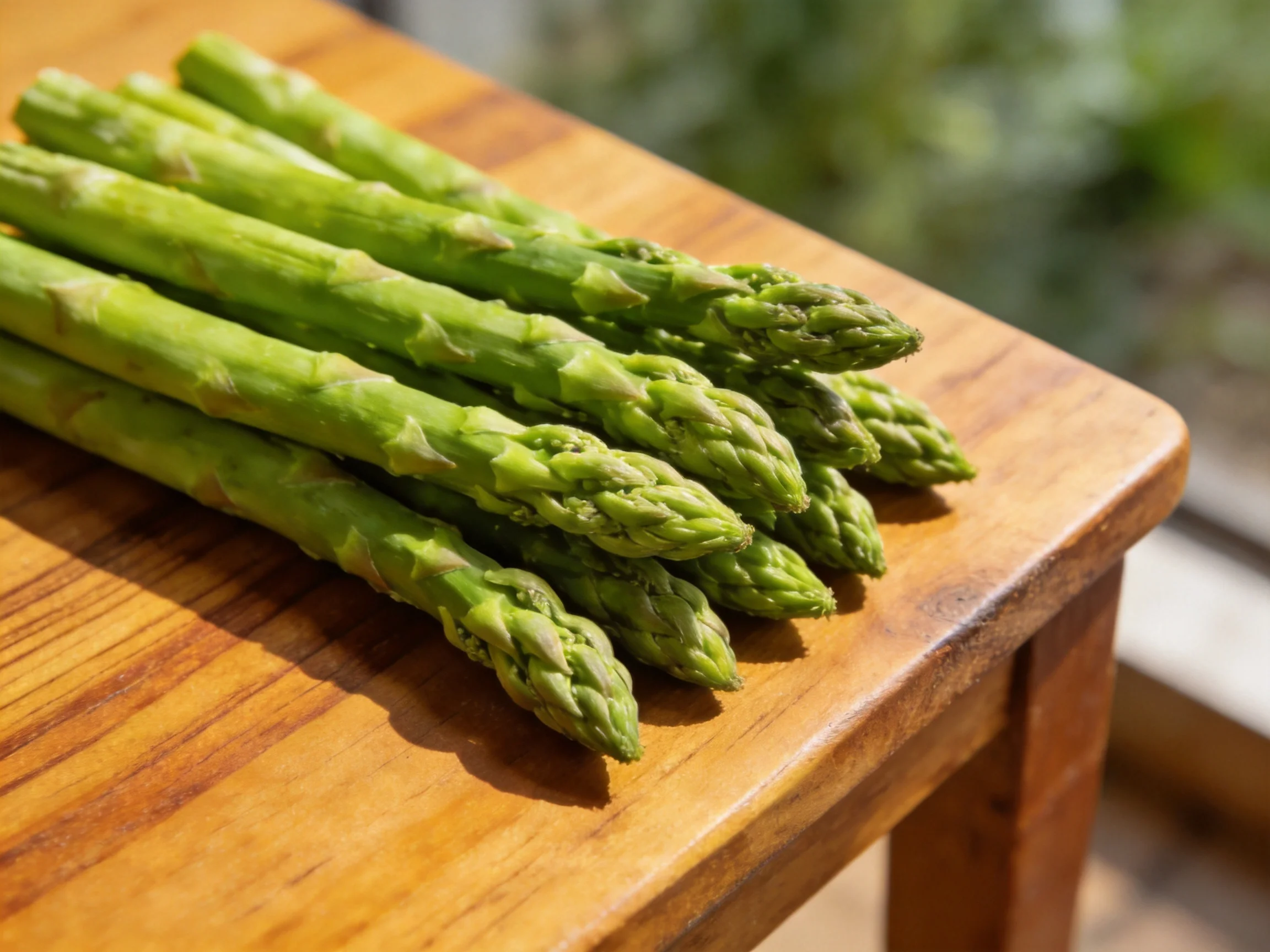 Fresh green asparagus spears arranged on a polished wooden surface