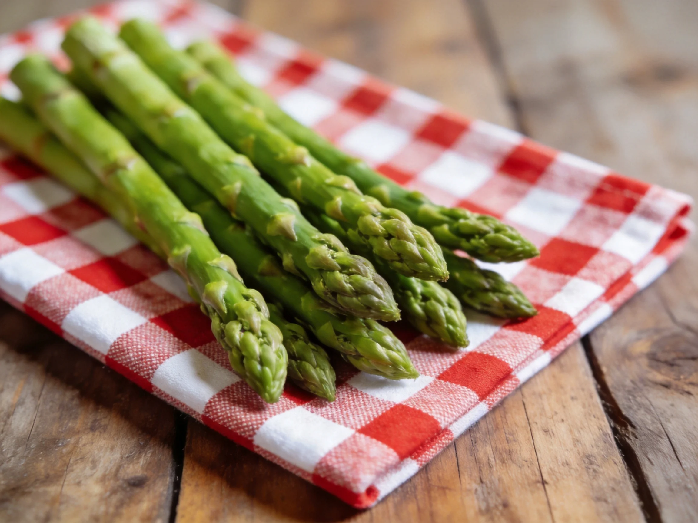 Fresh green asparagus spears arranged on a red and white checkered cloth over a wooden surface