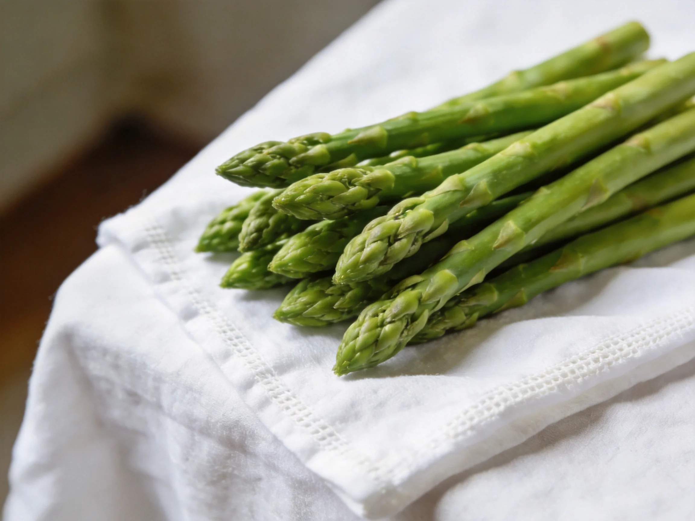 Fresh green asparagus spears arranged on a white cloth