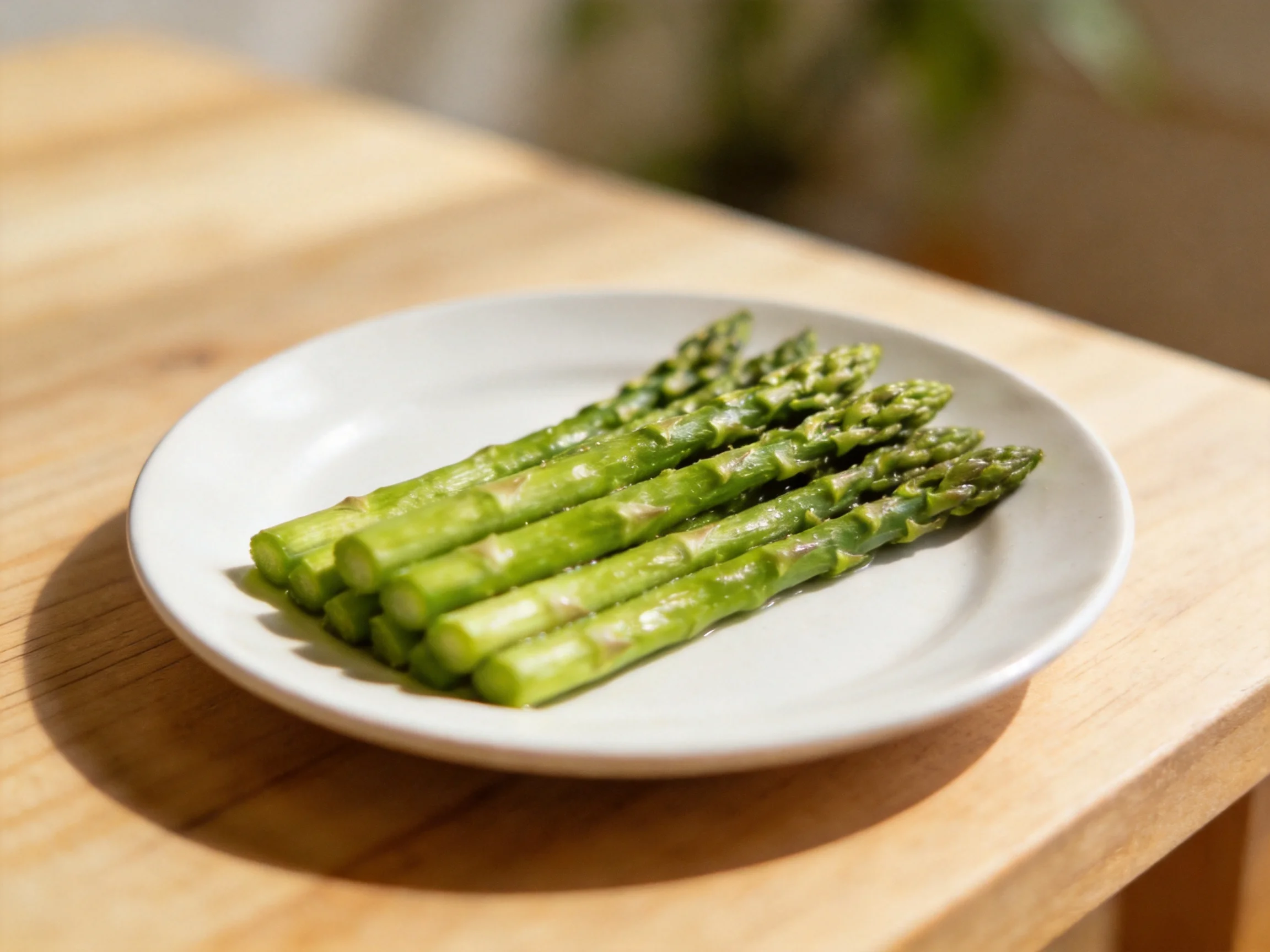 Fresh green asparagus spears arranged on a white plate