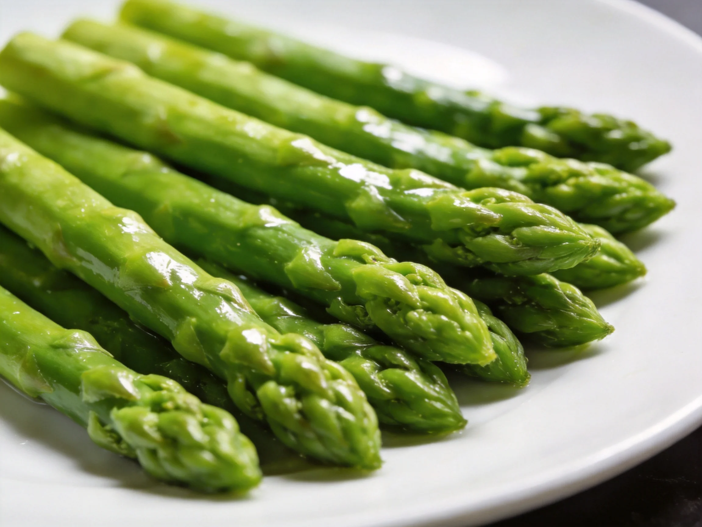 Fresh green asparagus spears arranged on a white plate