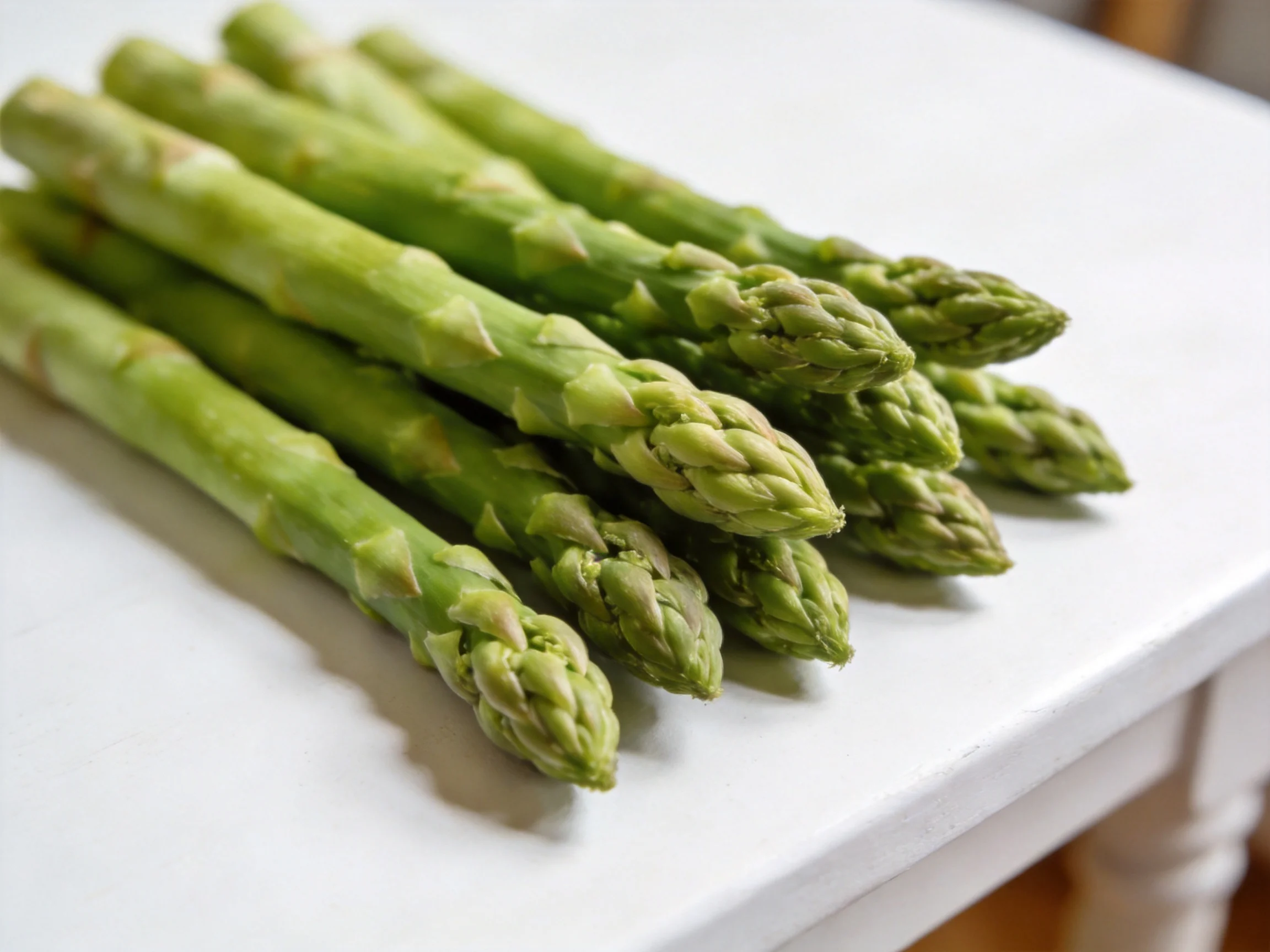 Fresh green asparagus spears arranged on a white surface