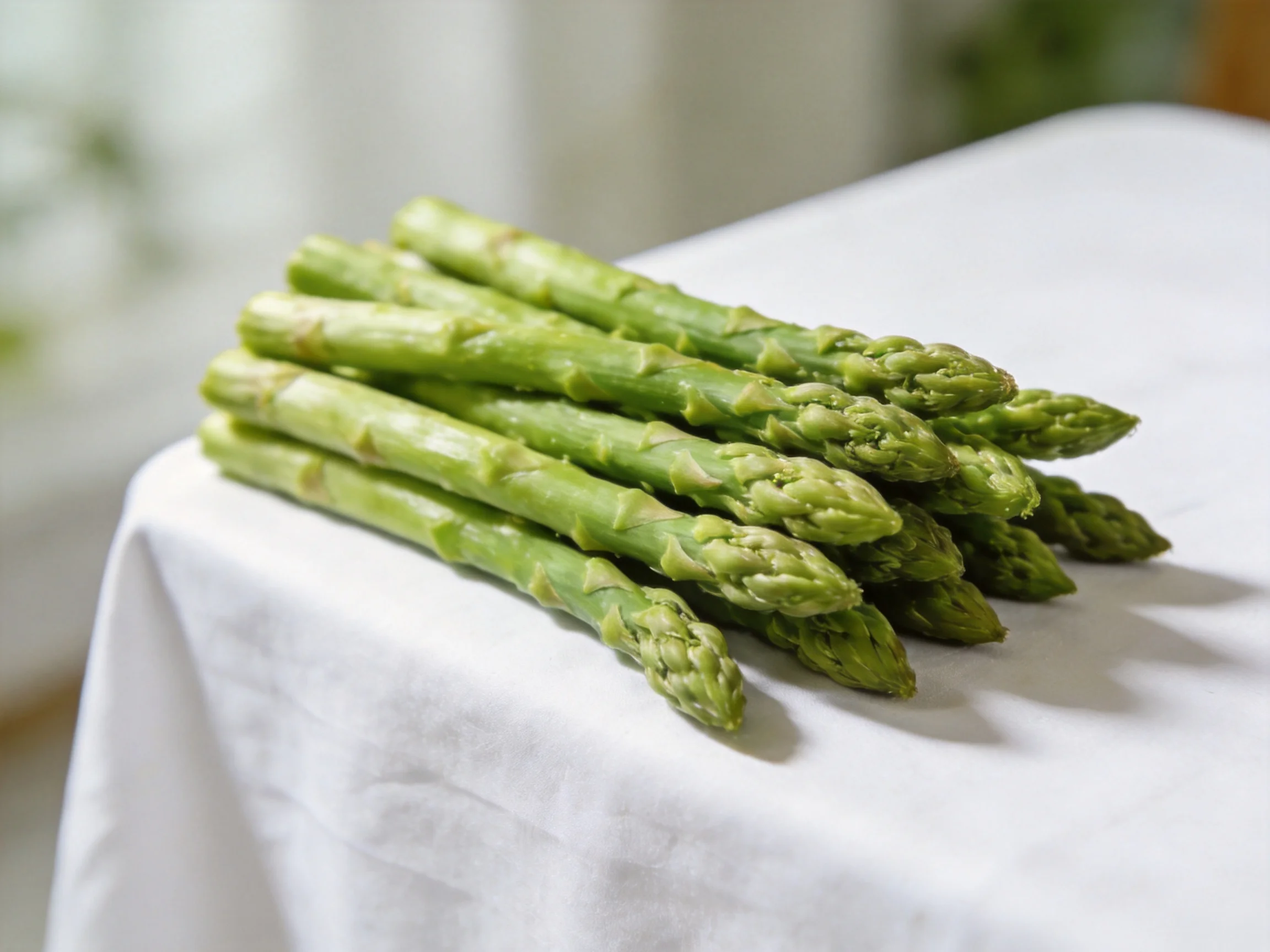 Fresh green asparagus spears arranged on a white tablecloth