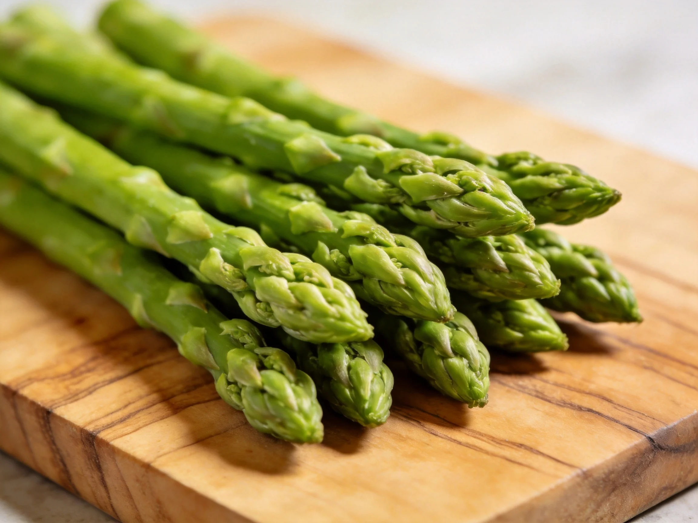 Fresh green asparagus spears arranged on a wooden cutting board