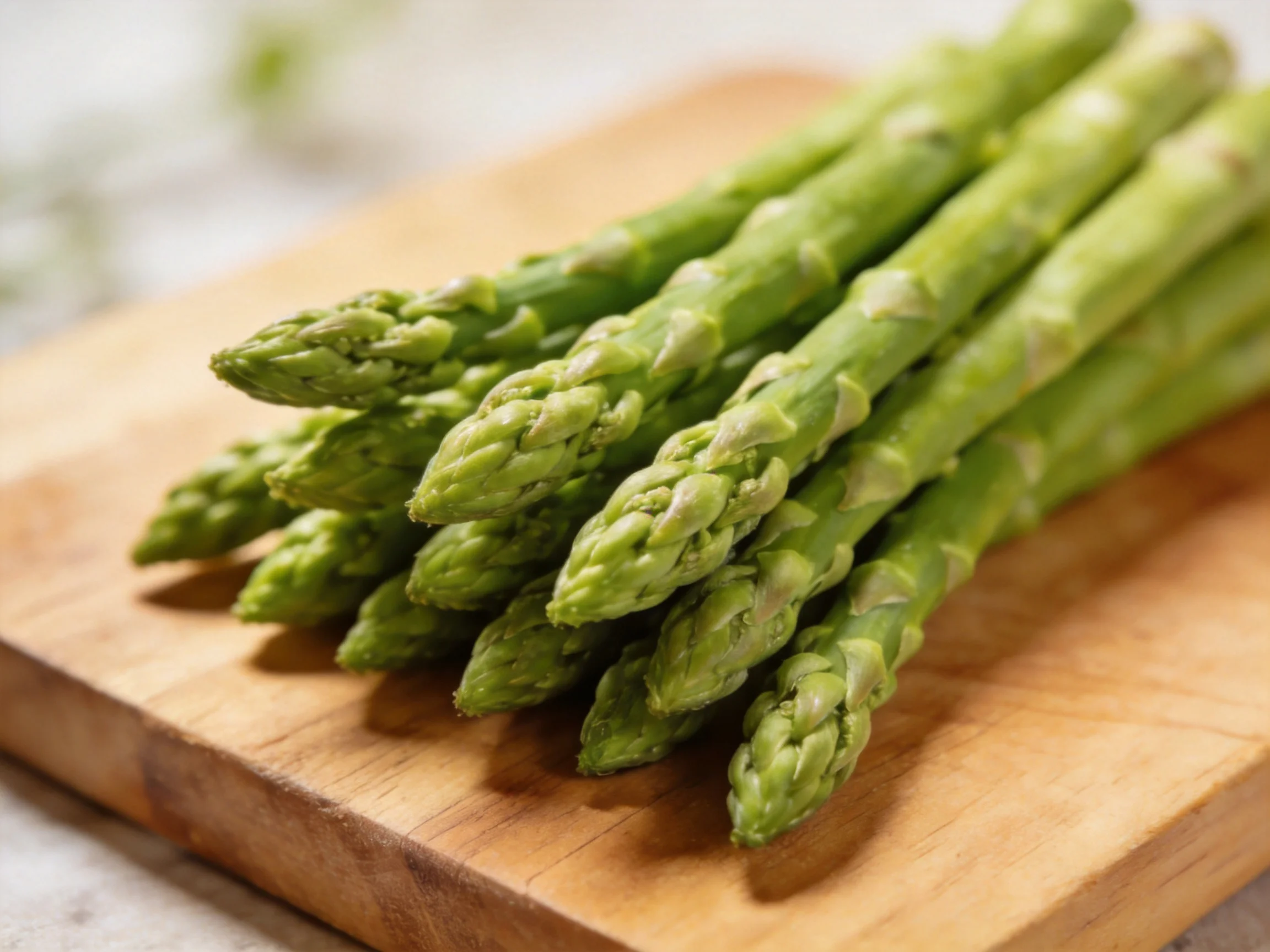 Fresh green asparagus spears arranged on a wooden cutting board