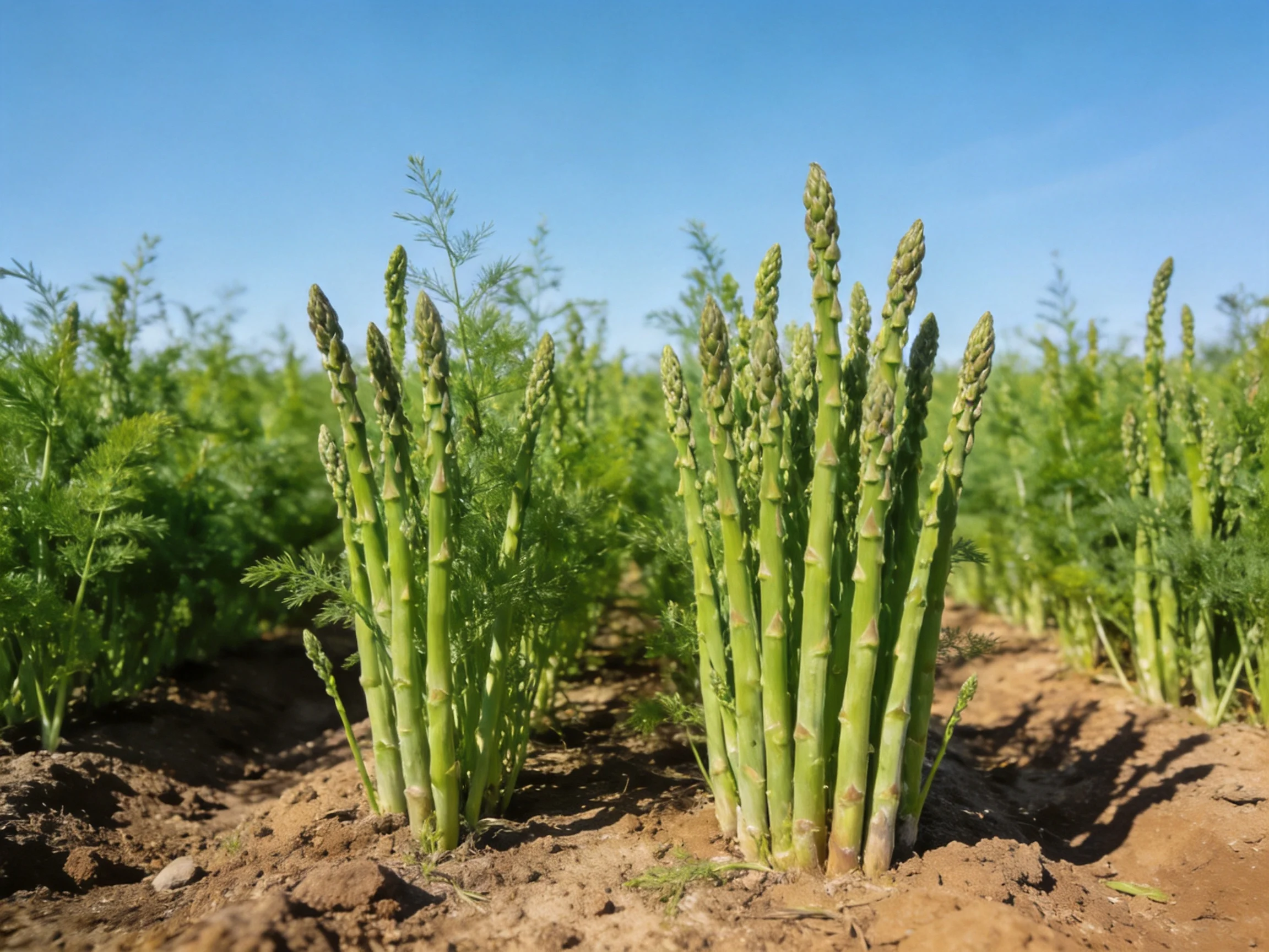 Fresh green asparagus spears cultivated in a sunlit farm field