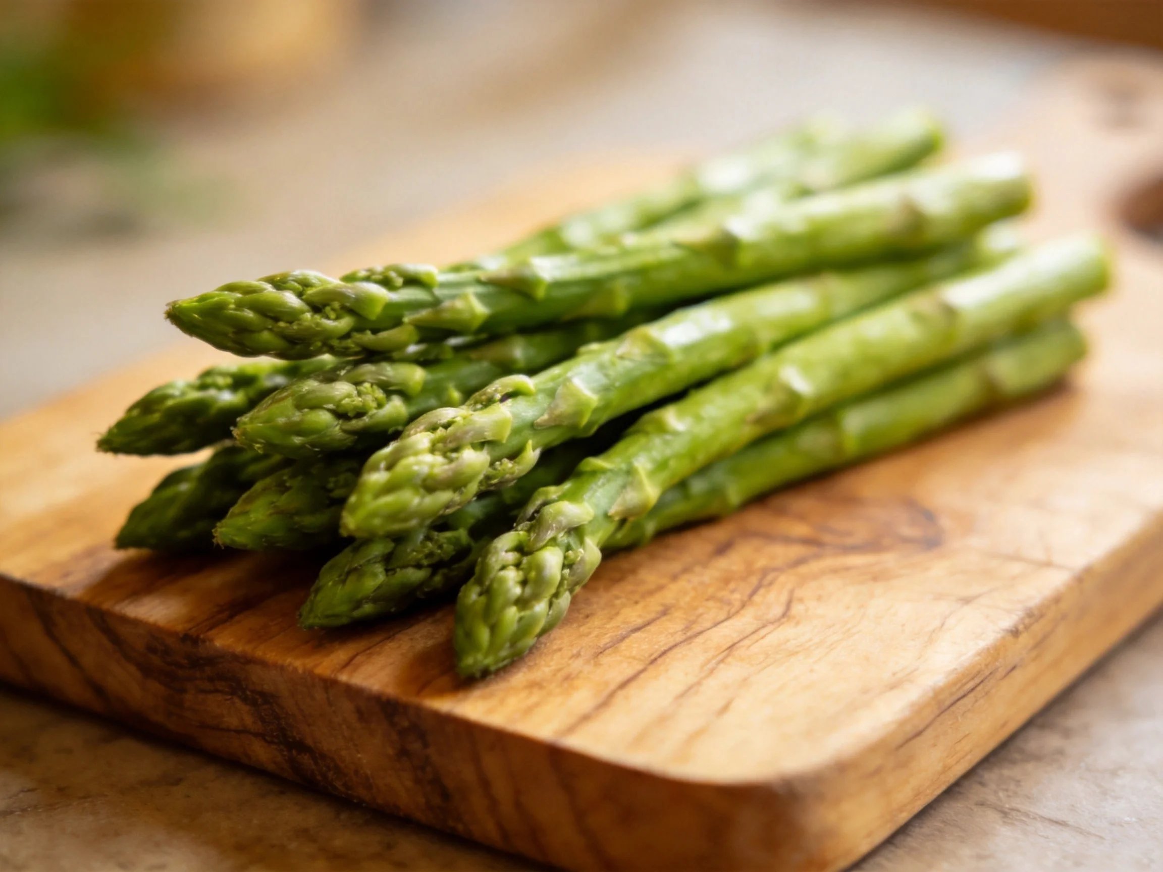 Fresh green asparagus spears displayed on a wooden cutting board