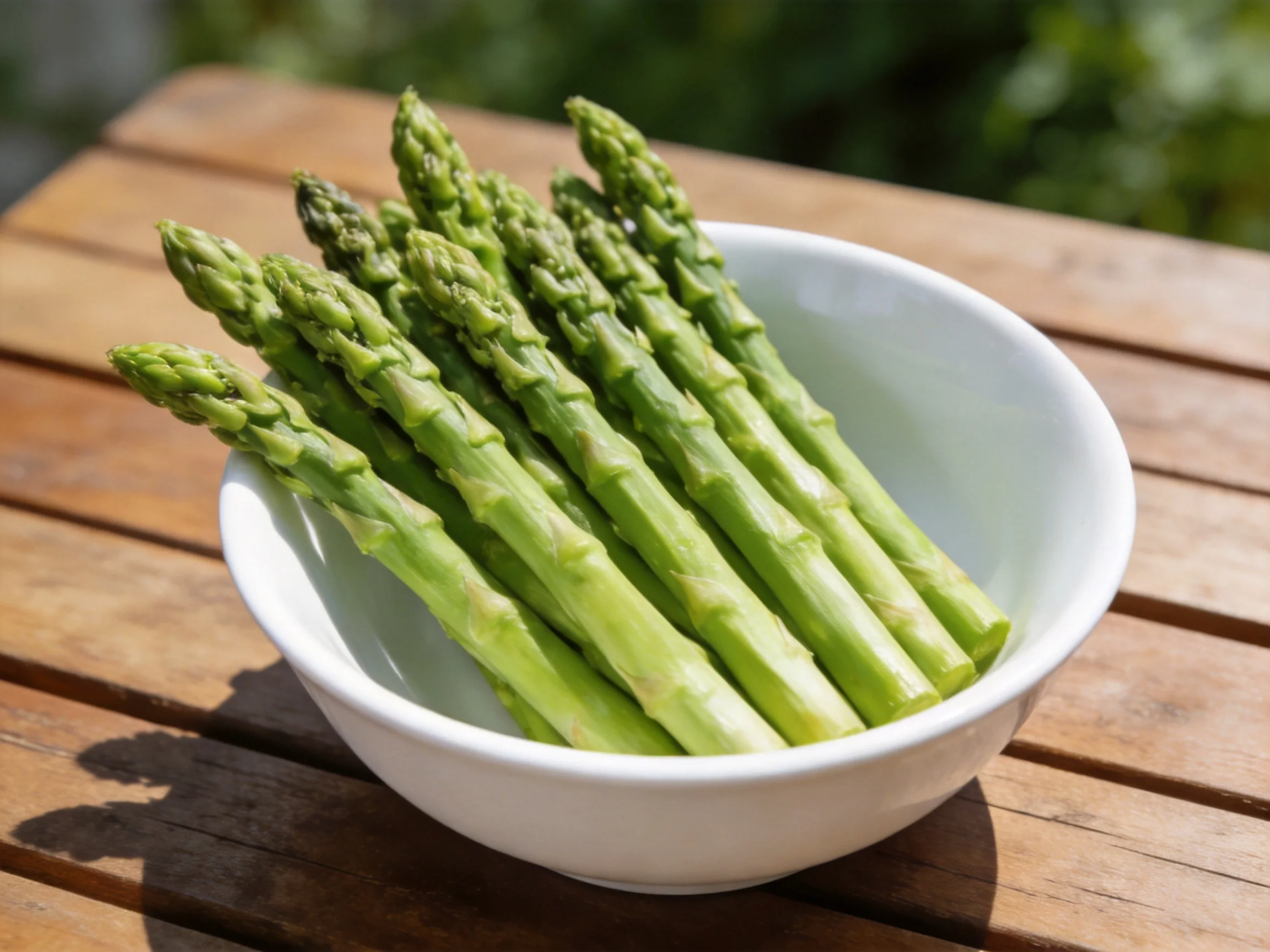 Fresh green asparagus spears in a white bowl on a wooden table