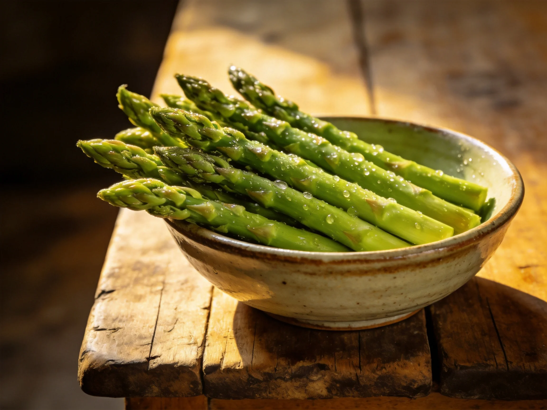 Fresh green asparagus spears in an earthy ceramic bowl on a rustic wooden table