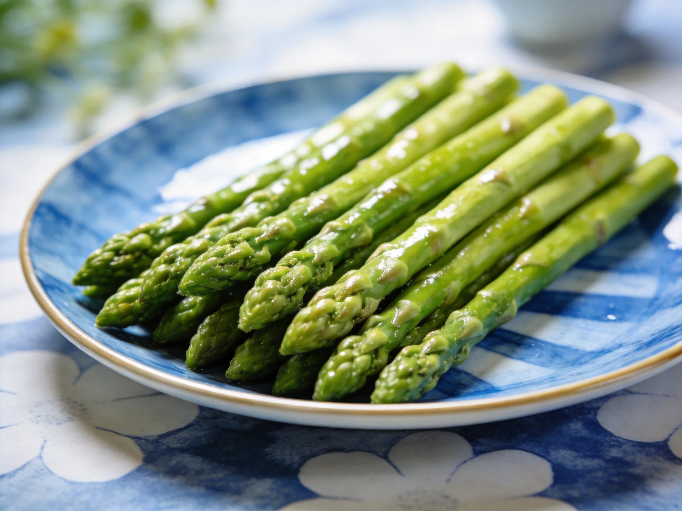Fresh green asparagus spears on a decorative blue patterned plate