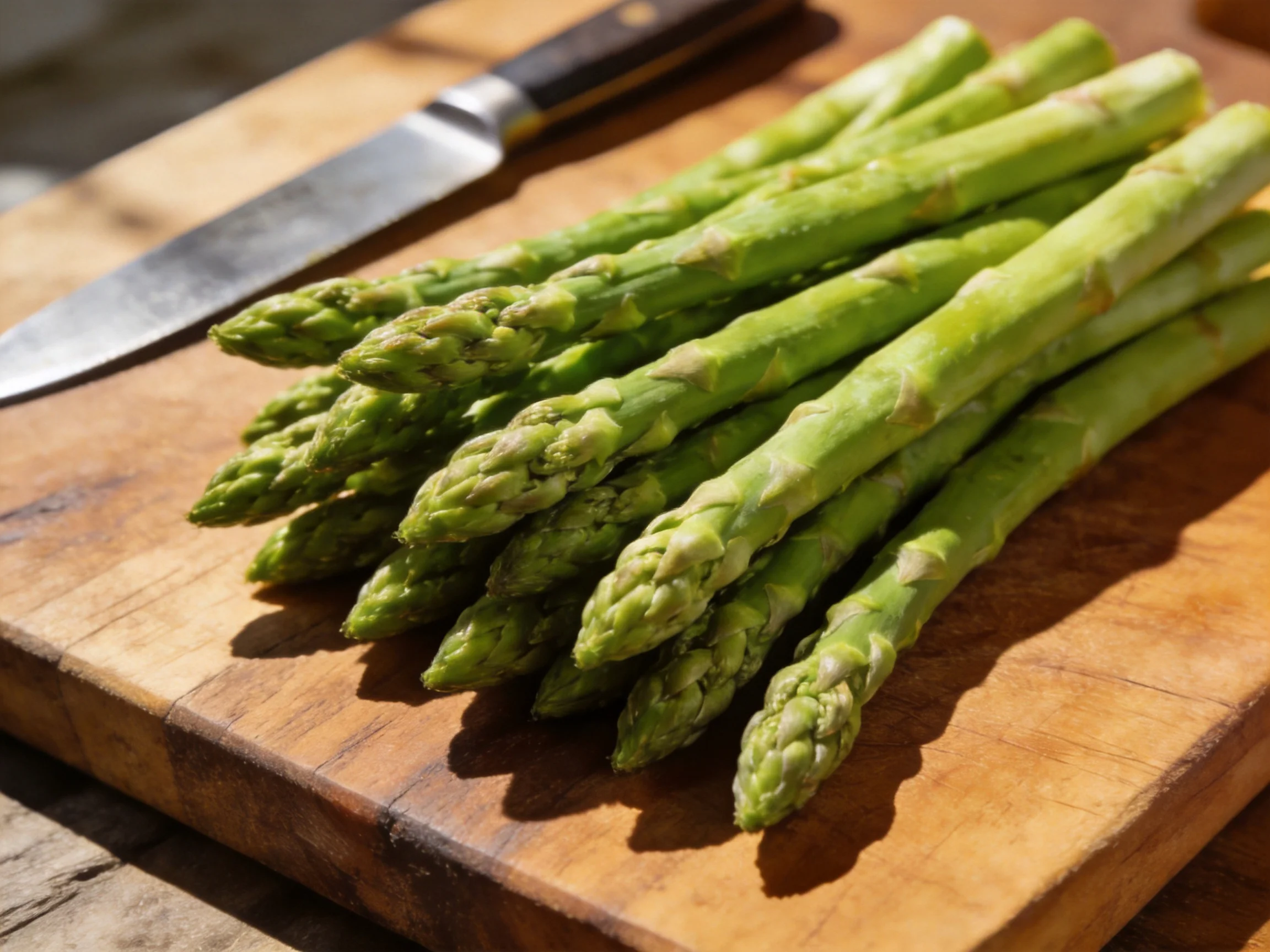 Fresh green asparagus spears on a wooden cutting board with a kitchen knife