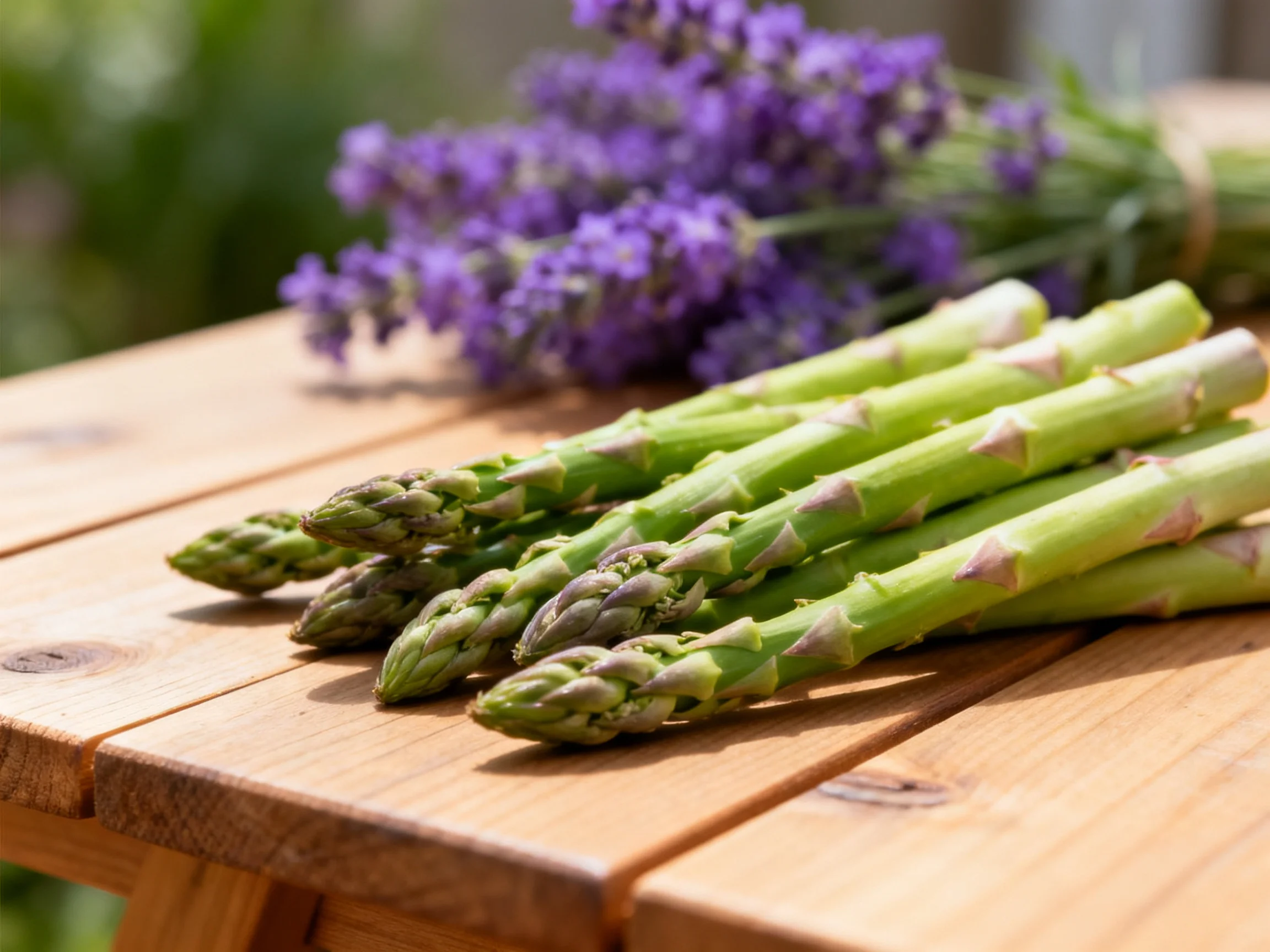 Fresh green asparagus spears placed on a wooden table next to vibrant purple lavender bouquet
