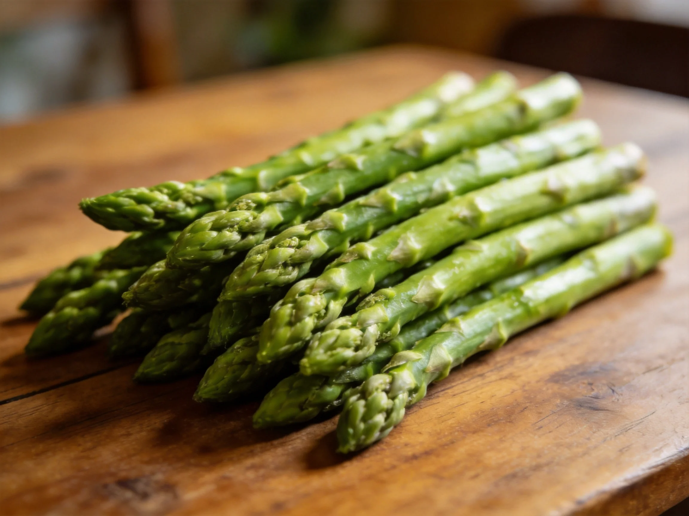 Fresh green asparagus spears stacked on a wooden surface