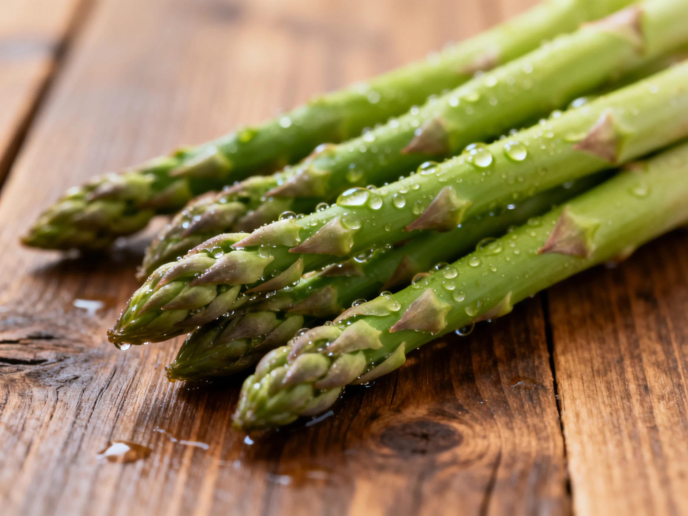 Fresh green asparagus spears with water droplets on rustic wooden surface