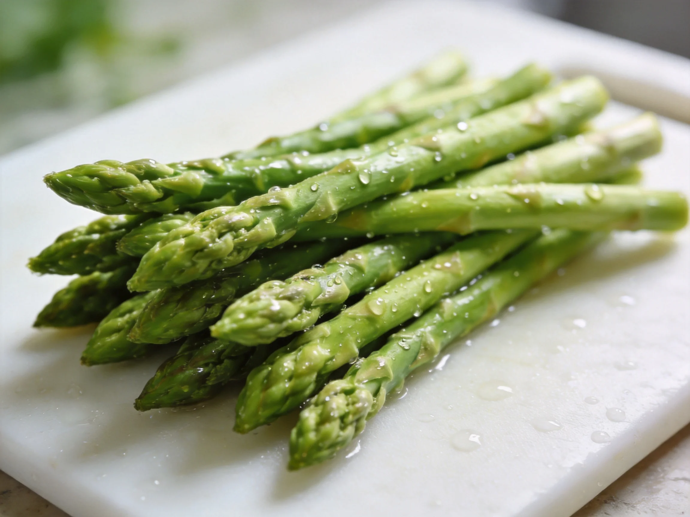 Fresh green asparagus spears with water droplets on white cutting board