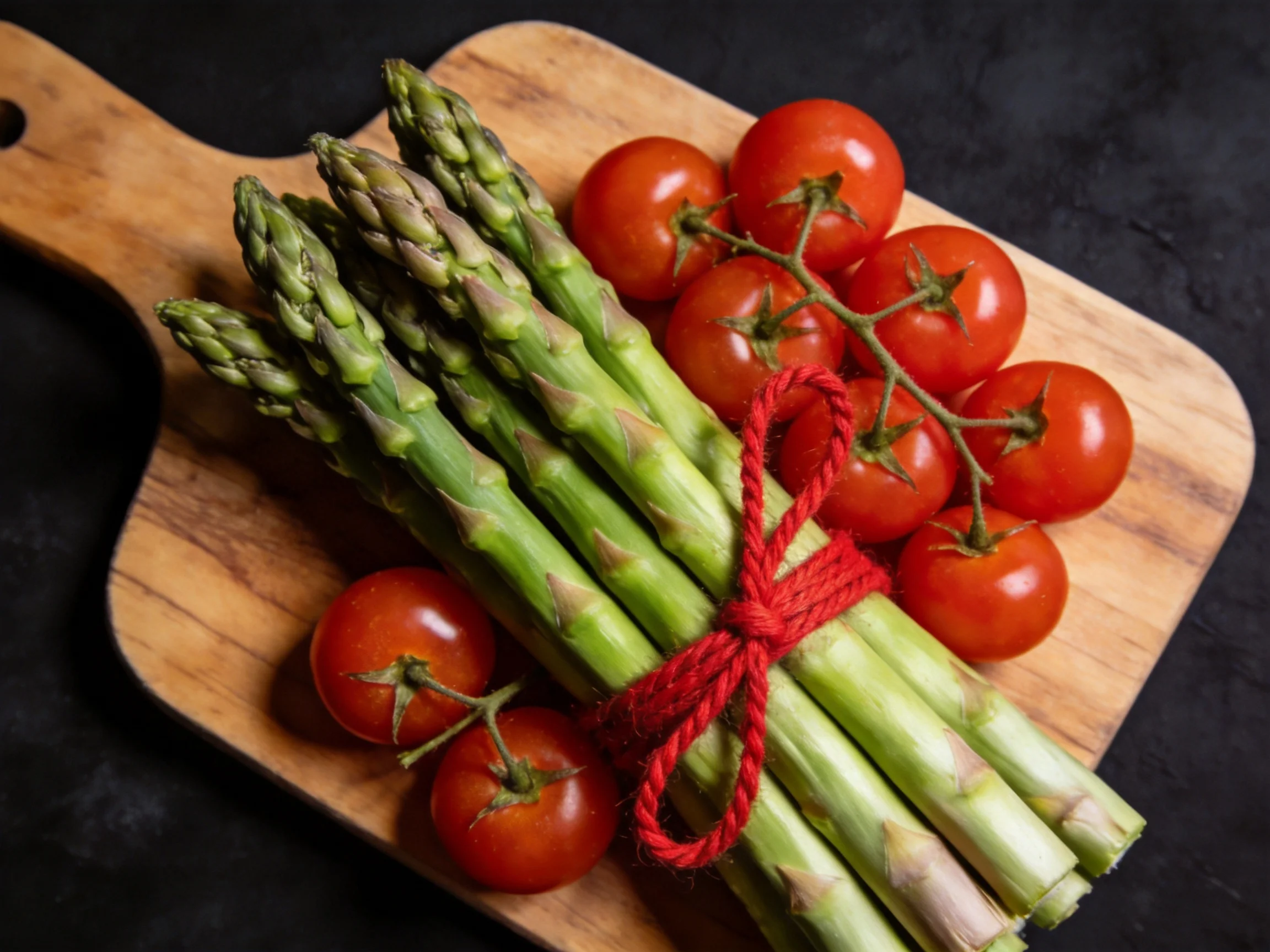 Fresh green asparagus tied with red string beside vibrant cherry tomatoes on a wooden cutting board