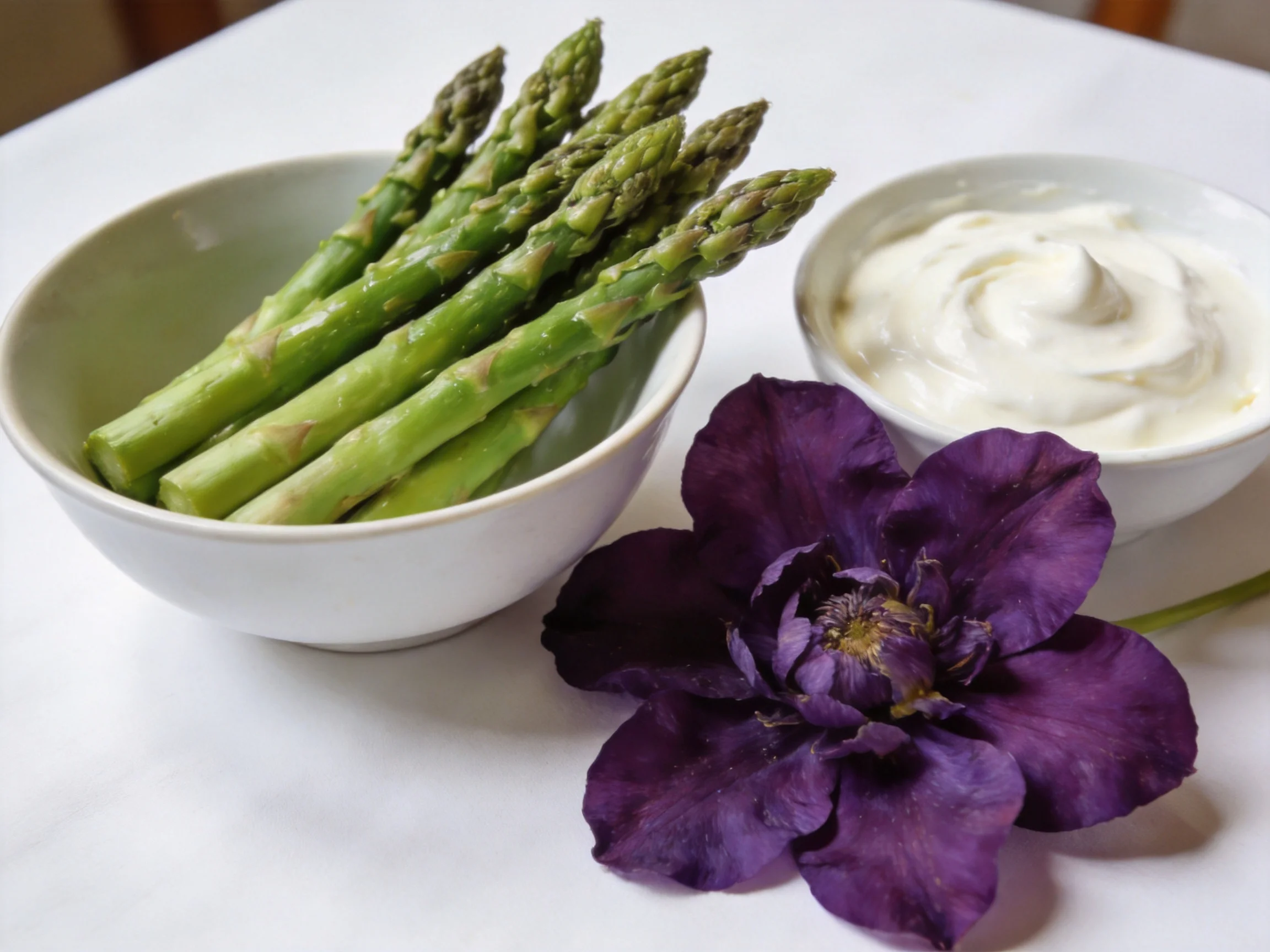 Fresh green asparagus, two white bowls, and a deep purple flower beside a creamy dip