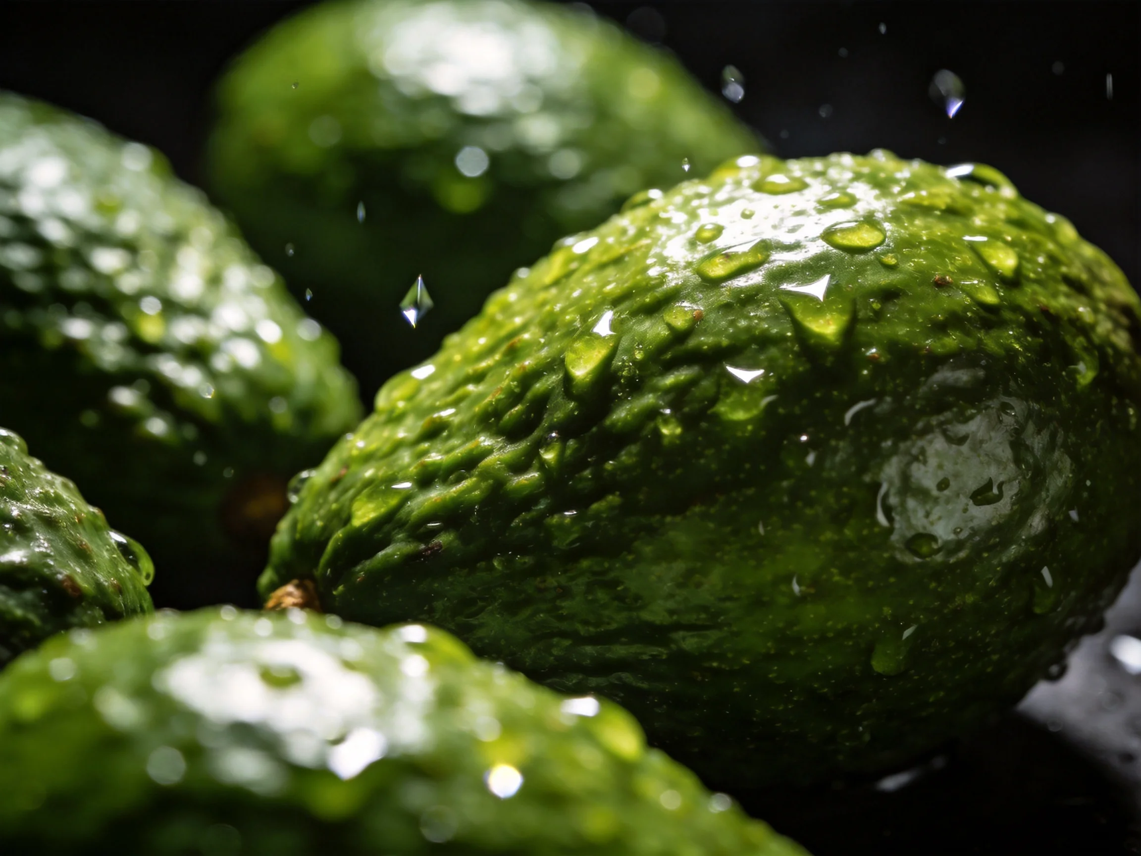 Fresh green avocados covered in sparkling water droplets