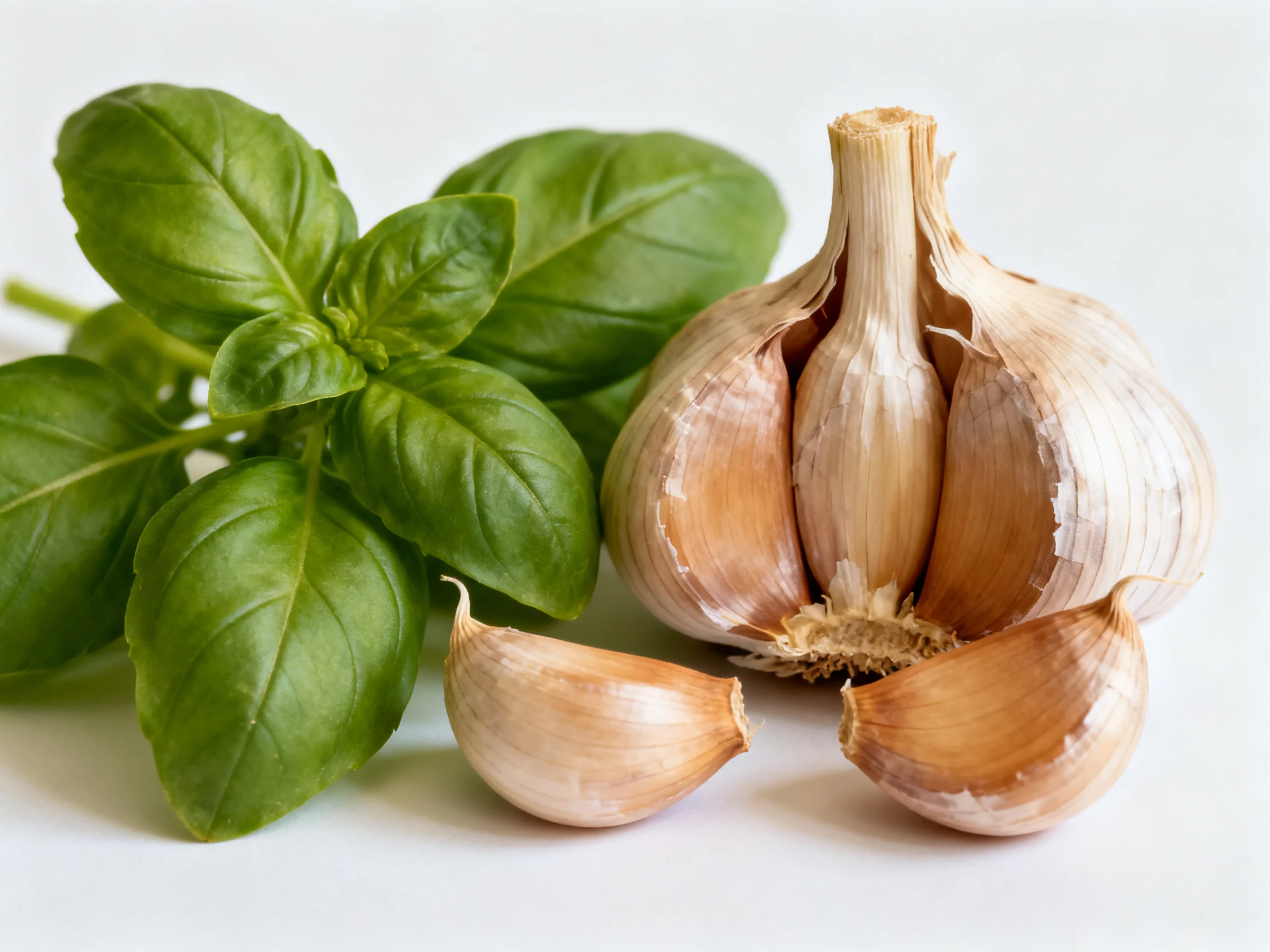 Fresh green basil leaves beside a partially peeled garlic bulb with cloves