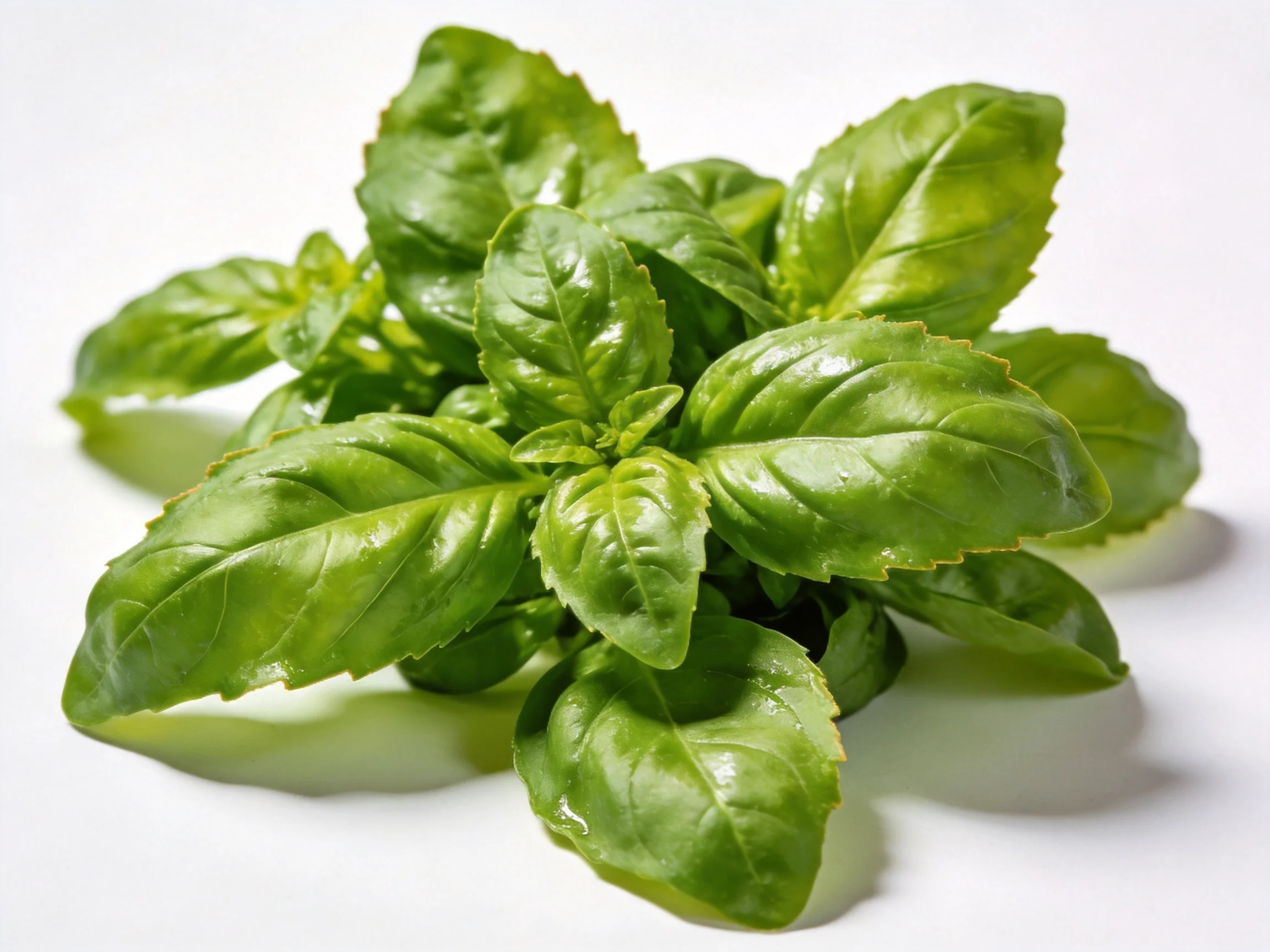 Fresh green basil leaves clustered densely against a white backdrop