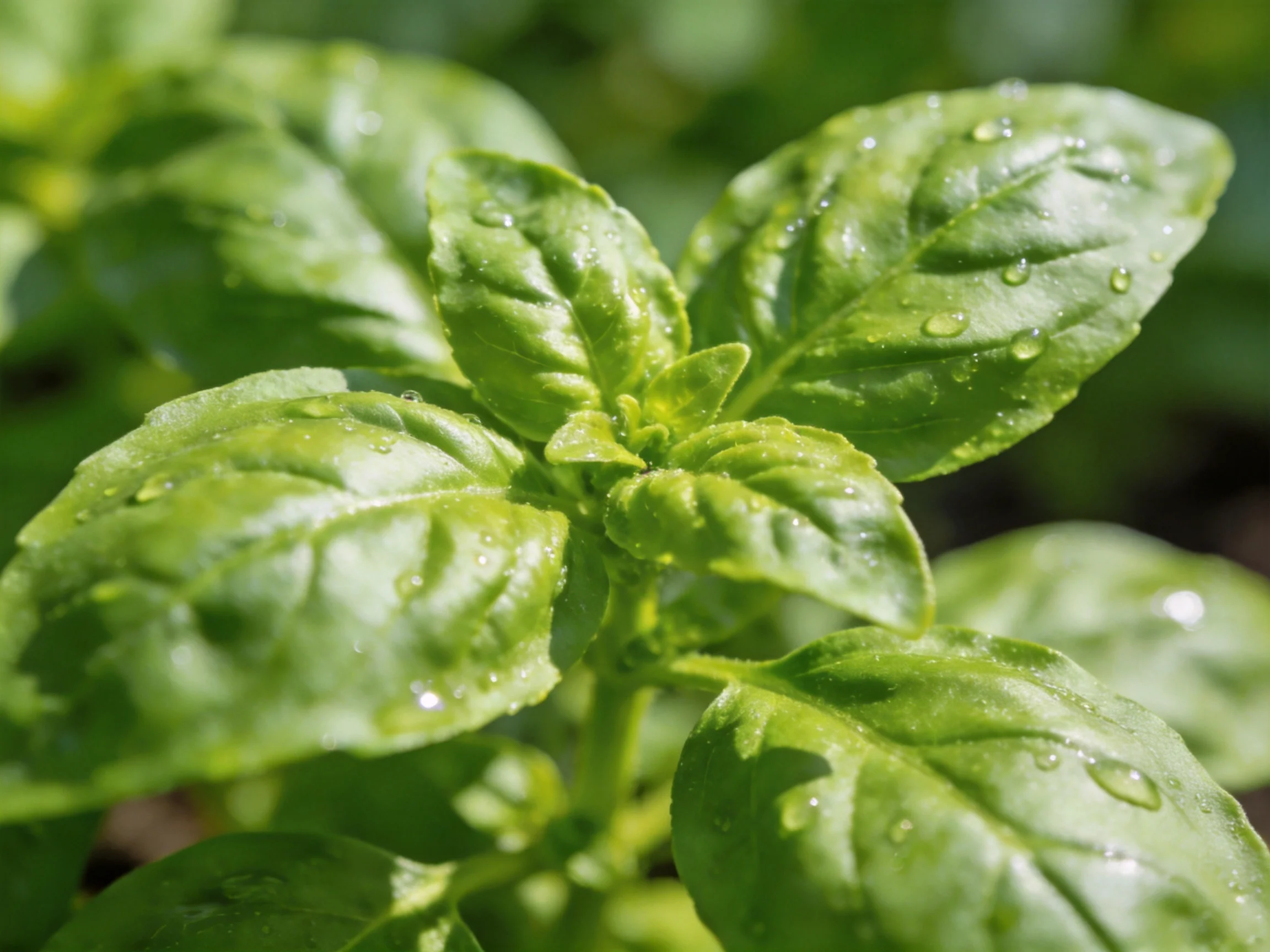 Fresh green basil leaves with glistening water droplets