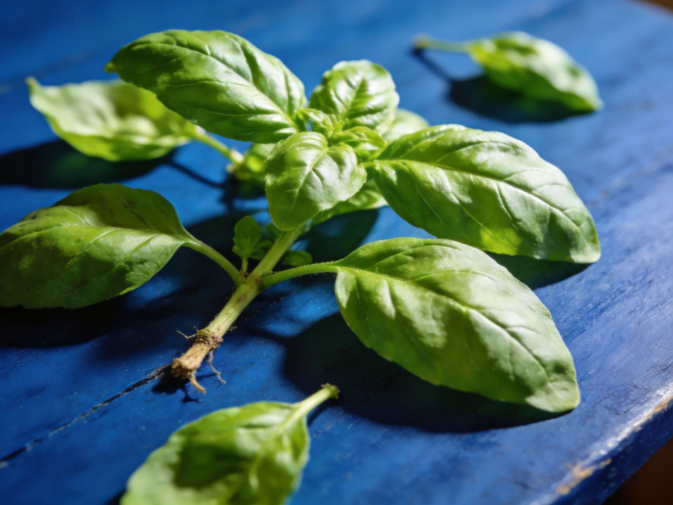 Fresh green basil sprigs arranged on a deep blue wooden surface