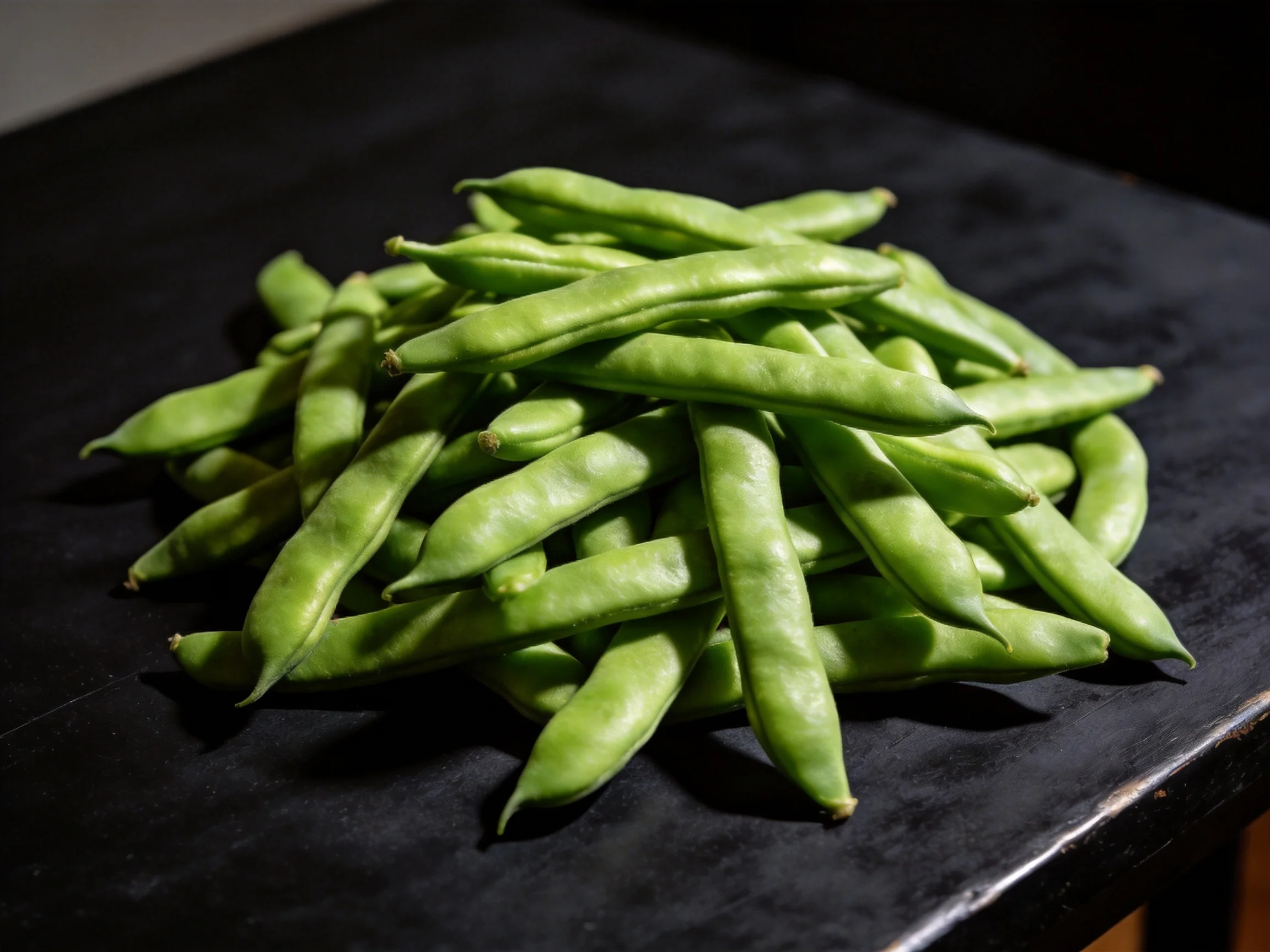 Fresh green bean pods piled high on a dark countertop